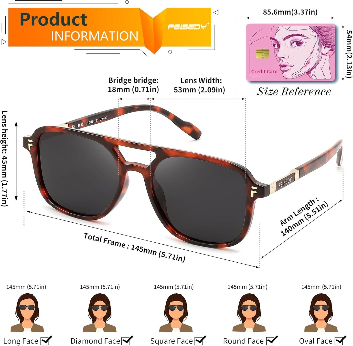 商品图片 27 | B0H2V9BFS5 | FEISEDY Retro Polarized Aviator Square Sunglasses for Women Men UV400 B0357