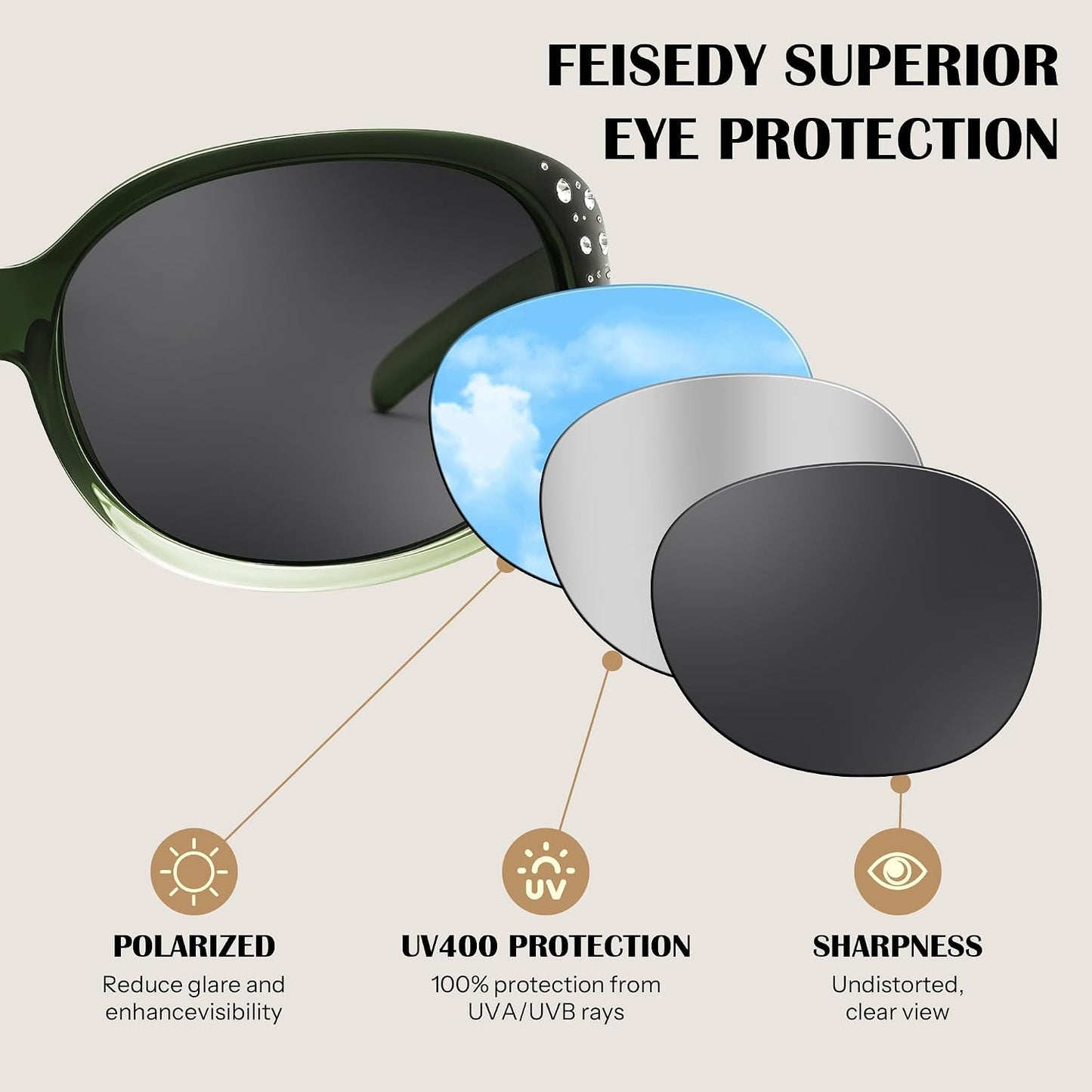 商品图片 11 | B0FZT6D16L | FEISEDY Women's Polarized Sunglasses Wrap Around Rhinestone Design Fashion Sunnies UV400 Protection B1091