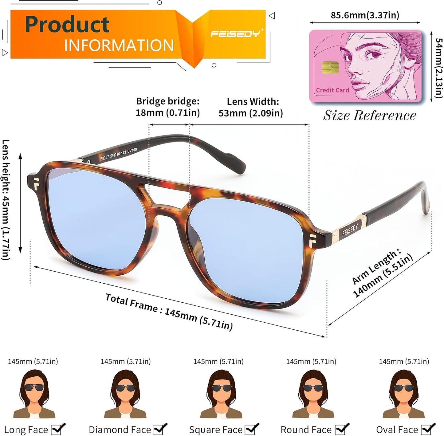 商品图片 48 | B0H2V9BFS5 | FEISEDY Retro Polarized Aviator Square Sunglasses for Women Men UV400 B0357