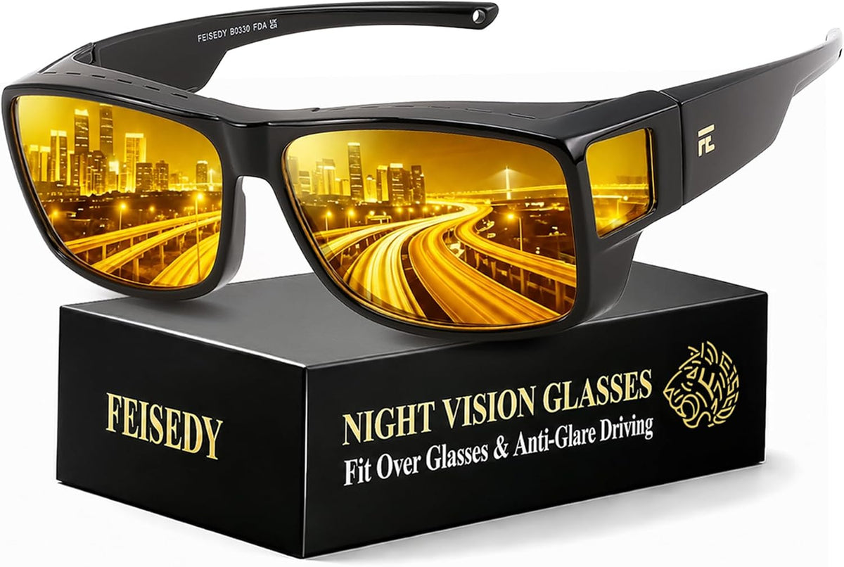 Black | B0HG8YLY4V | FEISEDY Fit Over Polarized Sunglasses Men, Night Driving Wrap Glasses B0330