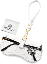Ivory White | B0H4QZFZ8K | FEISEDY Soft Crocodile Textured Leather Sunglass Bag, Portable Glasses Pouch With Button Clip Wrist Strap B0366