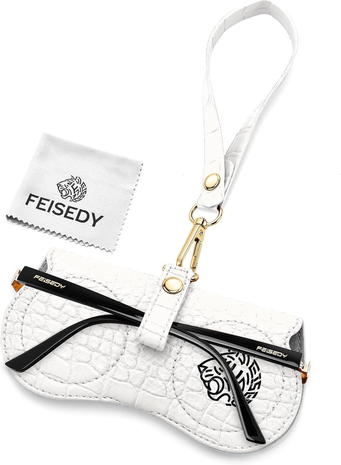 Ivory White | B0H4QZFZ8K | FEISEDY Soft Crocodile Textured Leather Sunglass Bag, Portable Glasses Pouch With Button Clip Wrist Strap B0366