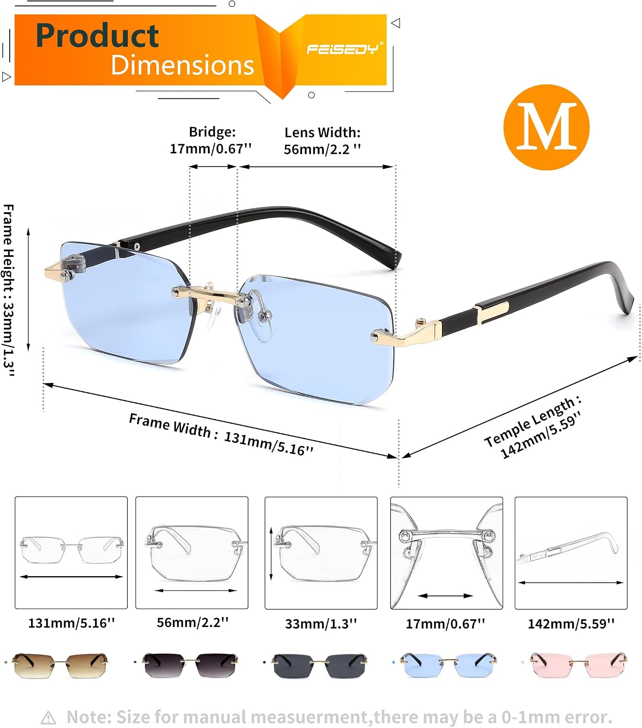 商品图片 68 | B0CY2Q4VW1 | FEISEDY Rimless Sunglasses Y2K Retro Small Narrow Rectangle Shades B2643