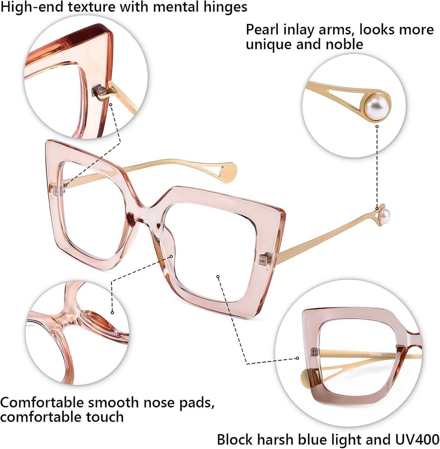 商品图片 46 | B08DF5QRXC | FEISEDY Oversized Square Blue Light Blocking Glasses Eye Strain Glare Pearl Inlay Arm Cat Eye Fashion Eyewear B2639