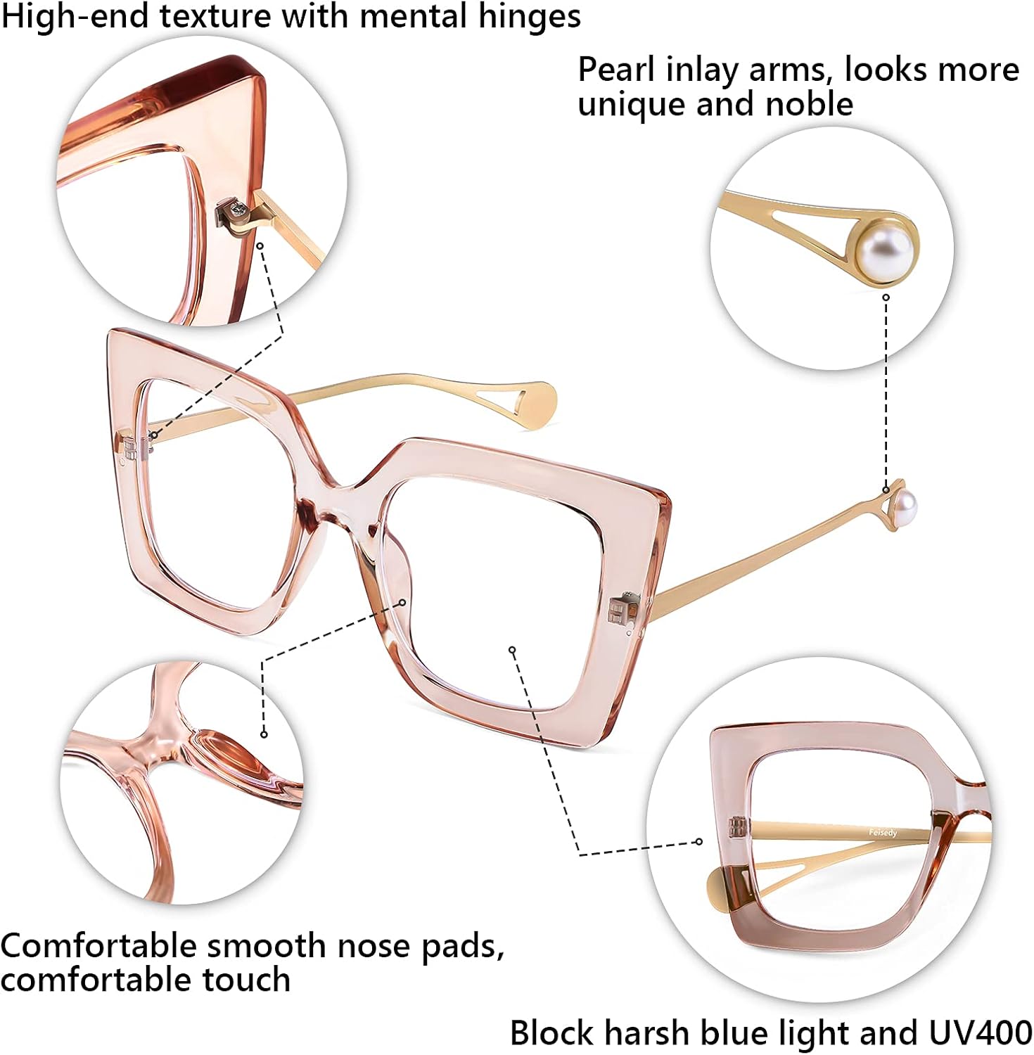 商品图片 46 | B08DF5QRXC | FEISEDY Oversized Square Blue Light Blocking Glasses Eye Strain Glare Pearl Inlay Arm Cat Eye Fashion Eyewear B2639