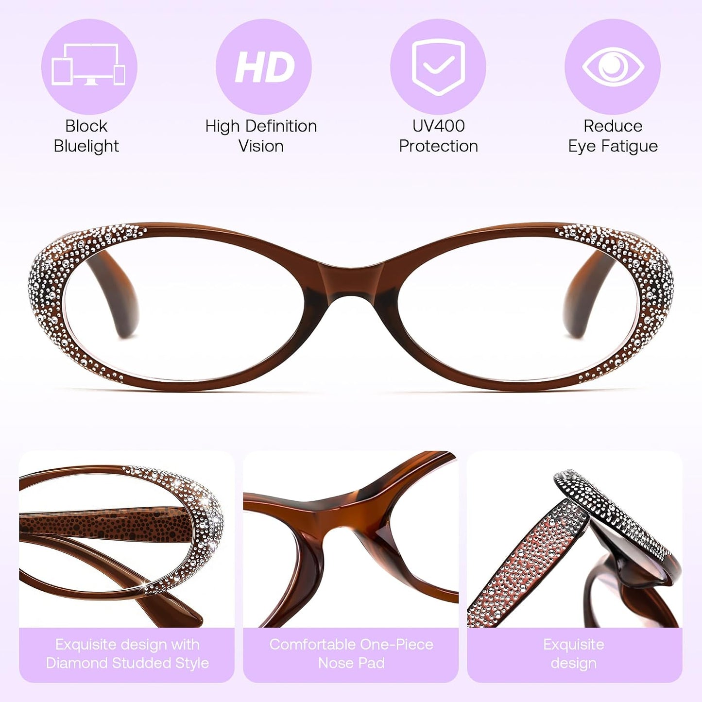 商品图片 6 | B0GQGH2F9W | FEISEDY 3 Pack Oval Reading Glasses Women Blue Light with Rhinestone B0375