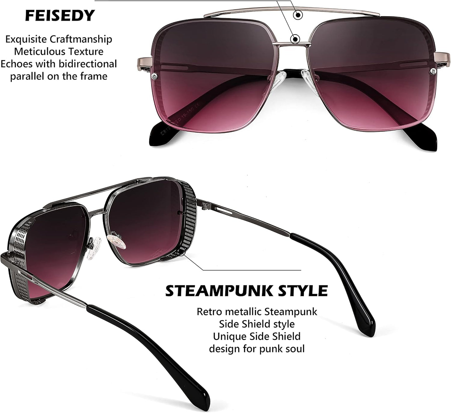 商品图片 17 | B09SDC5BD5 | FEISEDY Sunglasses Mens Women Vintage Pilot Square Trendy Metal Steampunk Fishing Driving Sun Glasses B2894