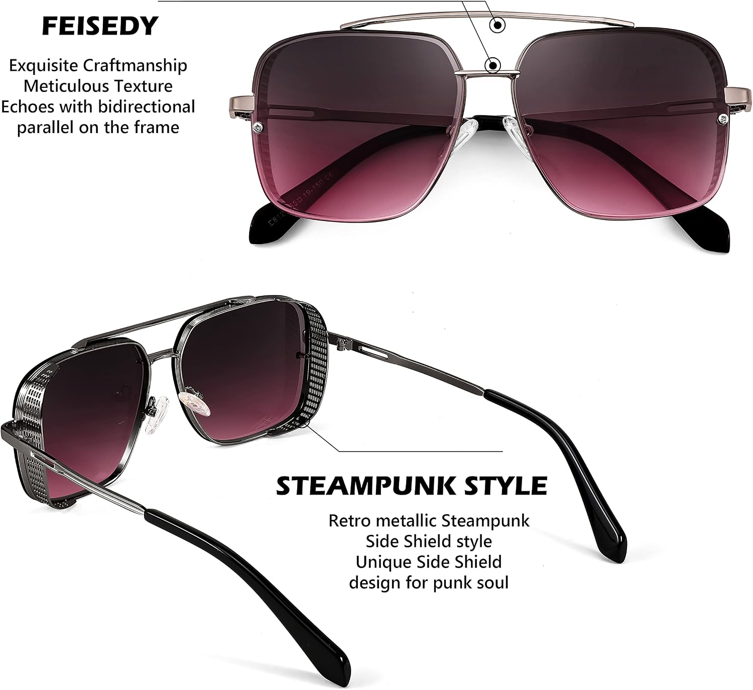 商品图片 17 | B09SDC5BD5 | FEISEDY Sunglasses Mens Women Vintage Pilot Square Trendy Metal Steampunk Fishing Driving Sun Glasses B2894