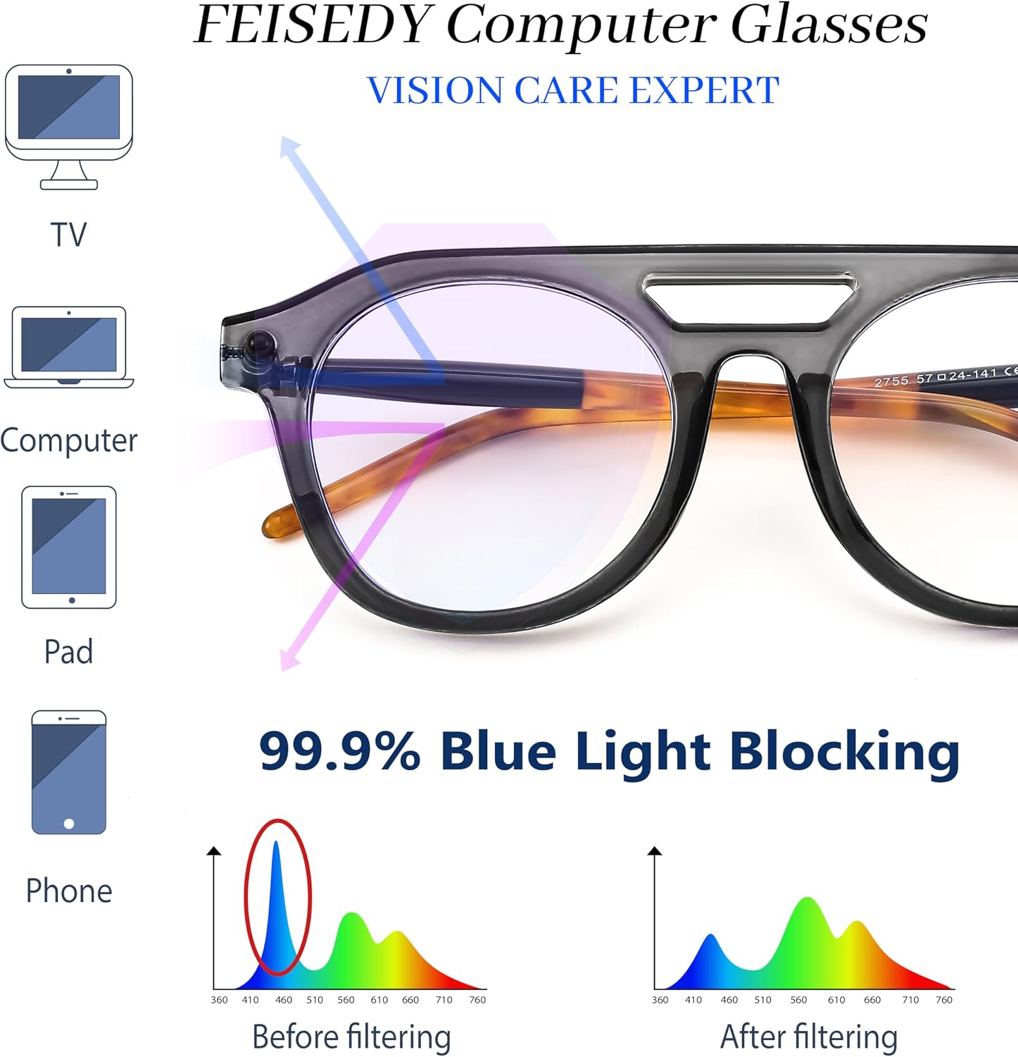 商品图片 27 | B0CJMDW1B6 | FEISEDY 70s Aviator Blue Light Blocking Glasses Square Pilot Frame Anti Glare Computer Glasses Women Men B0052