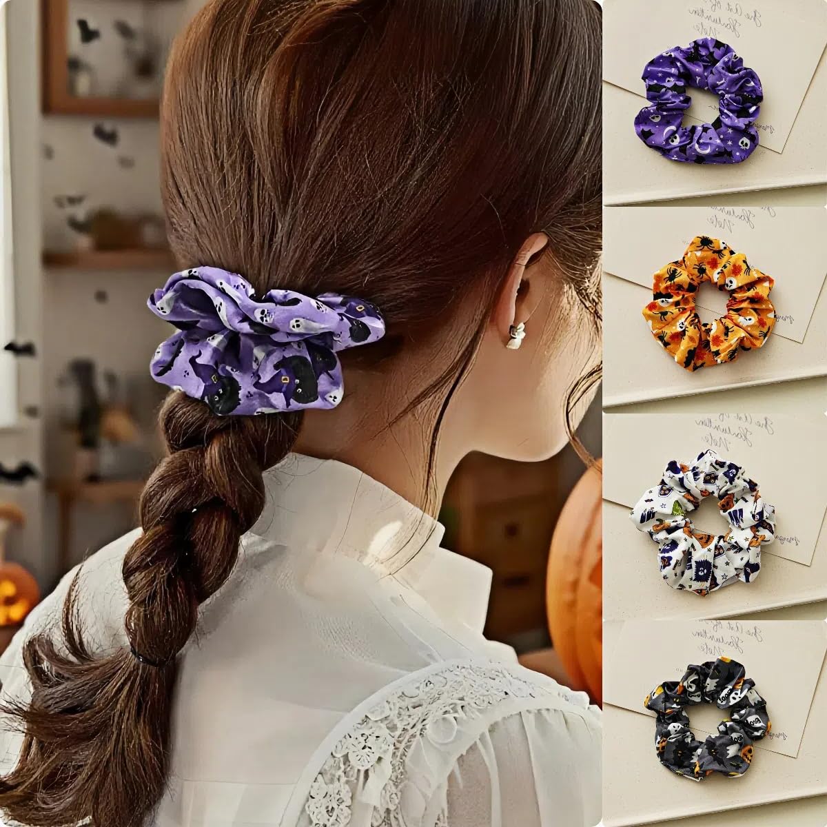 商品图片 2 | B0FP5BWS6N | Scrunchies 4-Pack – Spooky Hair Ties for Women, Boo Basket Stuffers, Festive Halloween Accessories & Gifts