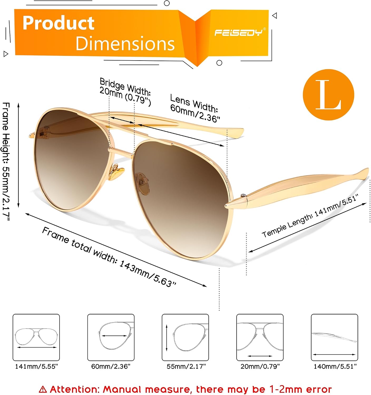 商品图片 5 | B0FKML2SSC | FEISEDY Oversized Aviator Sunglasses Women Men - Retro Gold Metal Chunky Frame, UV400 for Driving & Daily Wear B0311
