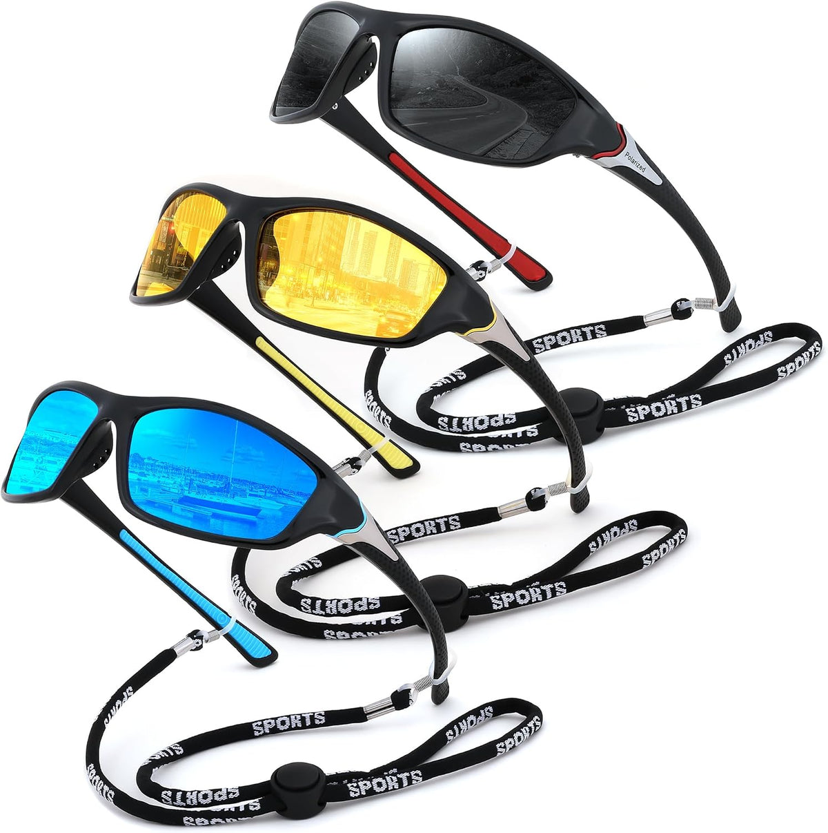 3pack-black+yellow+blue / 60 Millimeters | B0F9L7PS6Y | FEISEDY 3 Pack Polarized Sports Sunglasses for Men, Wrap Around Frame, UV400 Protection, Fishing Driving Cycling B2674