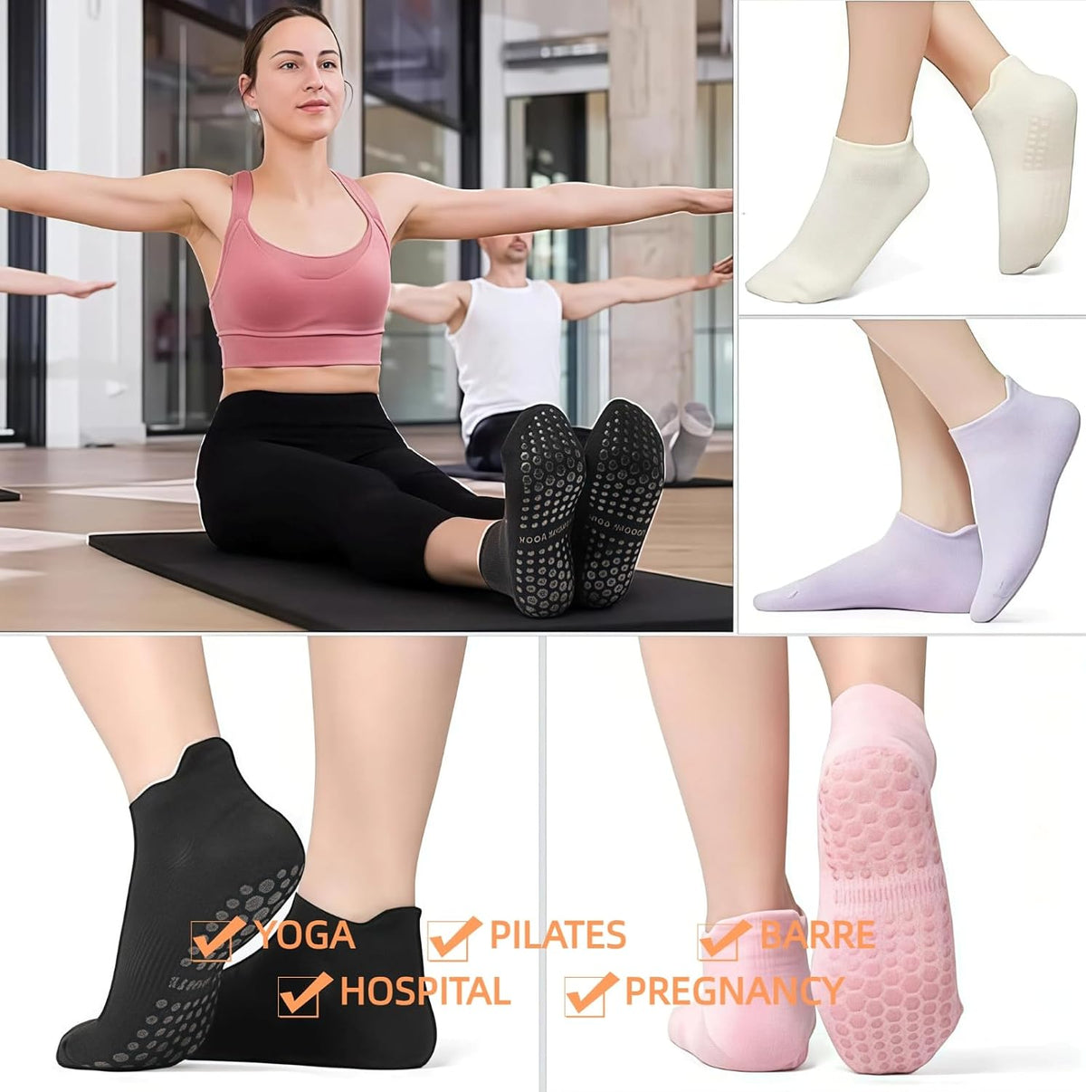 商品图片 4 | B0FSKJ7NF1 | 4 Pairs Pilates Socks for Women, Grip Socks with Non-Slip Dots for Yoga, Barefoot, Workout