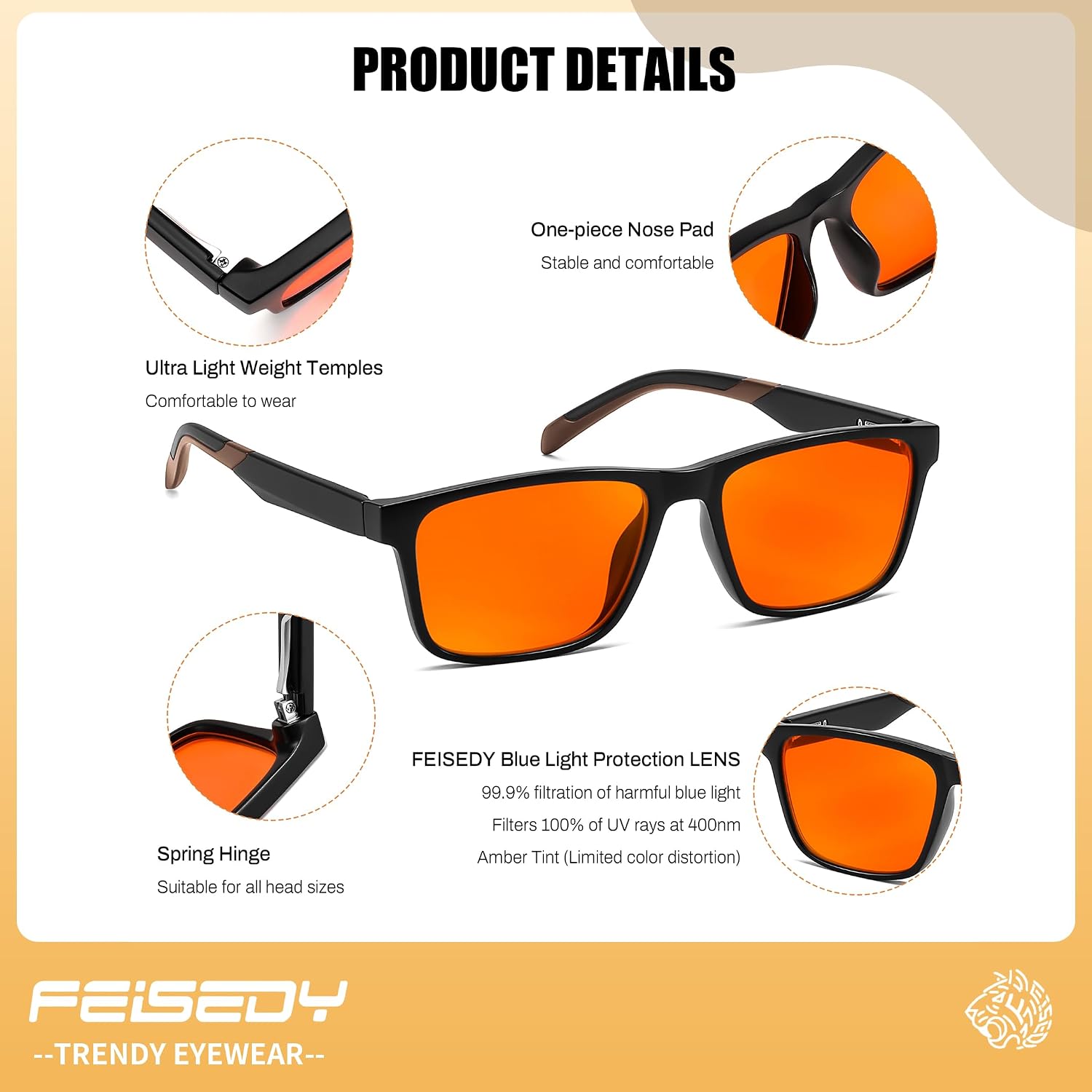商品图片 6 | B0DJM9D9KM | FEISEDY Blue Light Glasses for Better Sleep Amber Computer Gaming TV Anti Eyestrain Glasses with Spring Hinge B0249