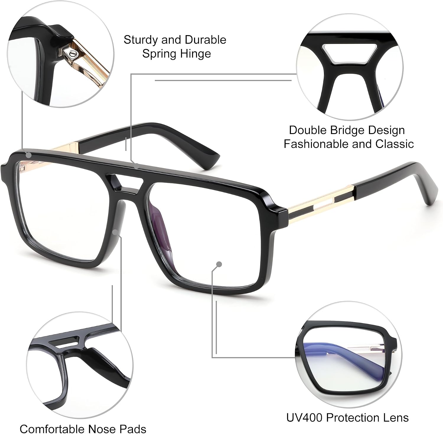 商品图片 6 | B0D9NJ18RZ | FEISEDY Retro Aviator Square Blue Light Glasses for Men Women B0209