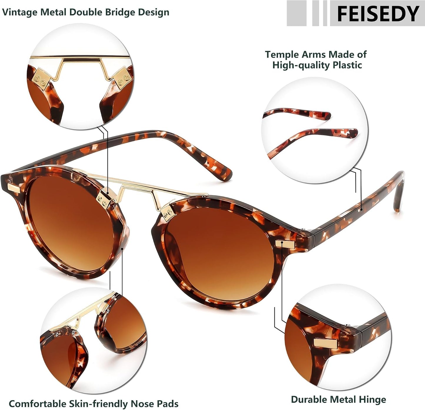 商品图片 37 | B0GX62YR7C | FEISEDY Retro Round Metal Brow Sunglasses for Women for Small Face B0427
