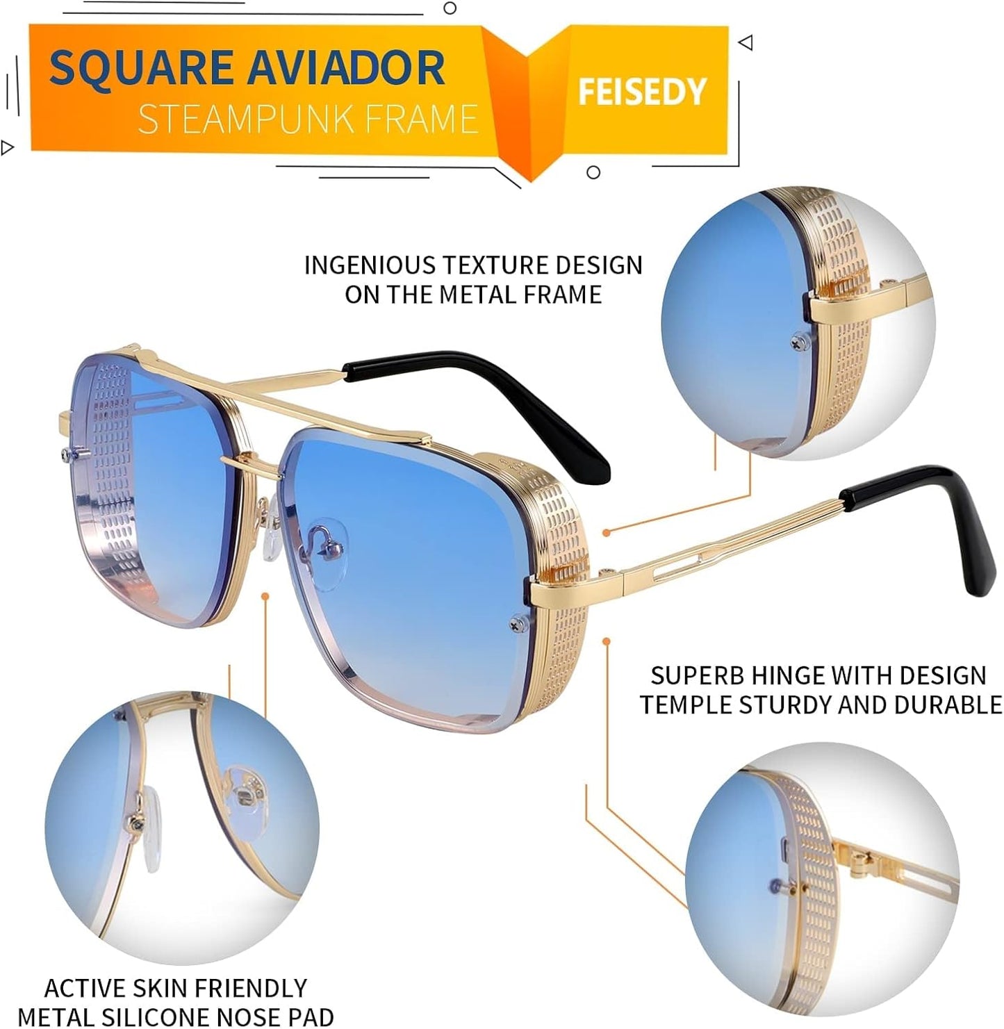 商品图片 38 | B09SDC5BD5 | FEISEDY Sunglasses Mens Women Vintage Pilot Square Trendy Metal Steampunk Fishing Driving Sun Glasses B2894