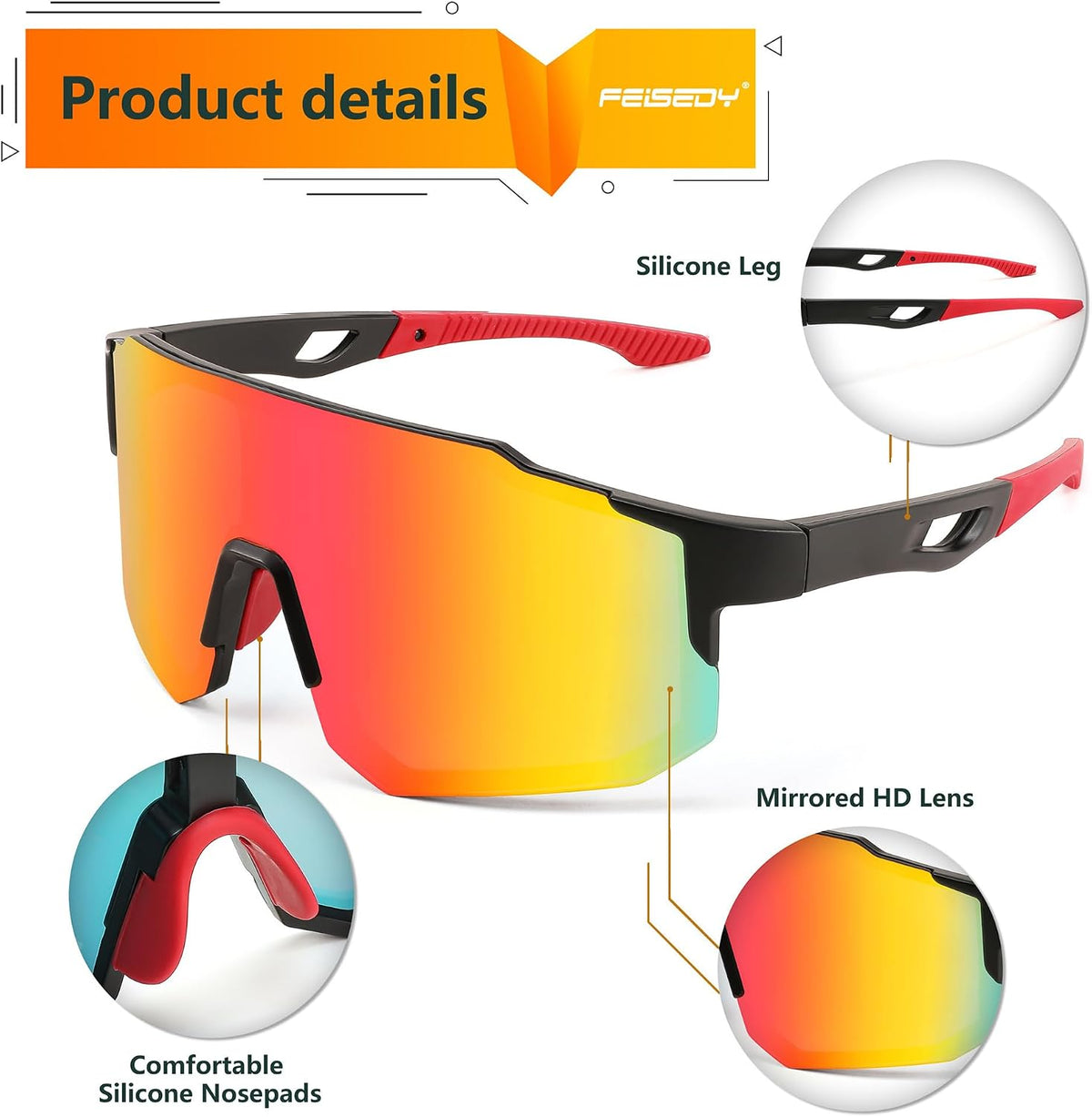 ÉÌƷͼƬ 32 | B0DTYL7JBV | FEISEDY Sports Sunglasses for Men, Women and Teens - Baseball, Biking, Cycling UV400 Protection B2388