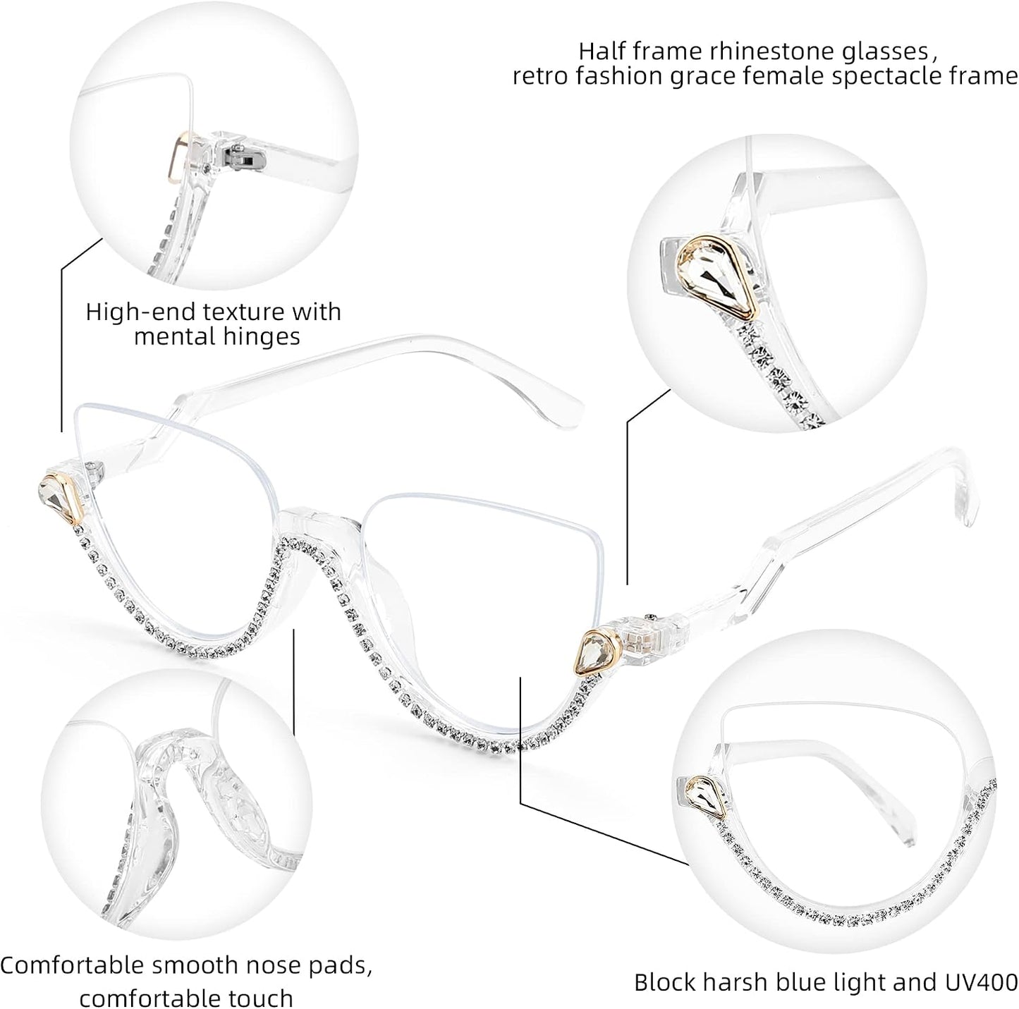 商品图片 10 | B0BK84HWH8 | FEISEDY Women Blue Light Blocking Glasses Fashion Half Frame Cat Eye Glasses Inlaid Diamond Anti Eyestrain B2995