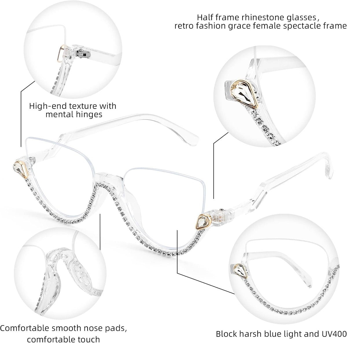 ÉÌƷͼƬ 10 | B0BK84HWH8 | FEISEDY Women Blue Light Blocking Glasses Fashion Half Frame Cat Eye Glasses Inlaid Diamond Anti Eyestrain B2995