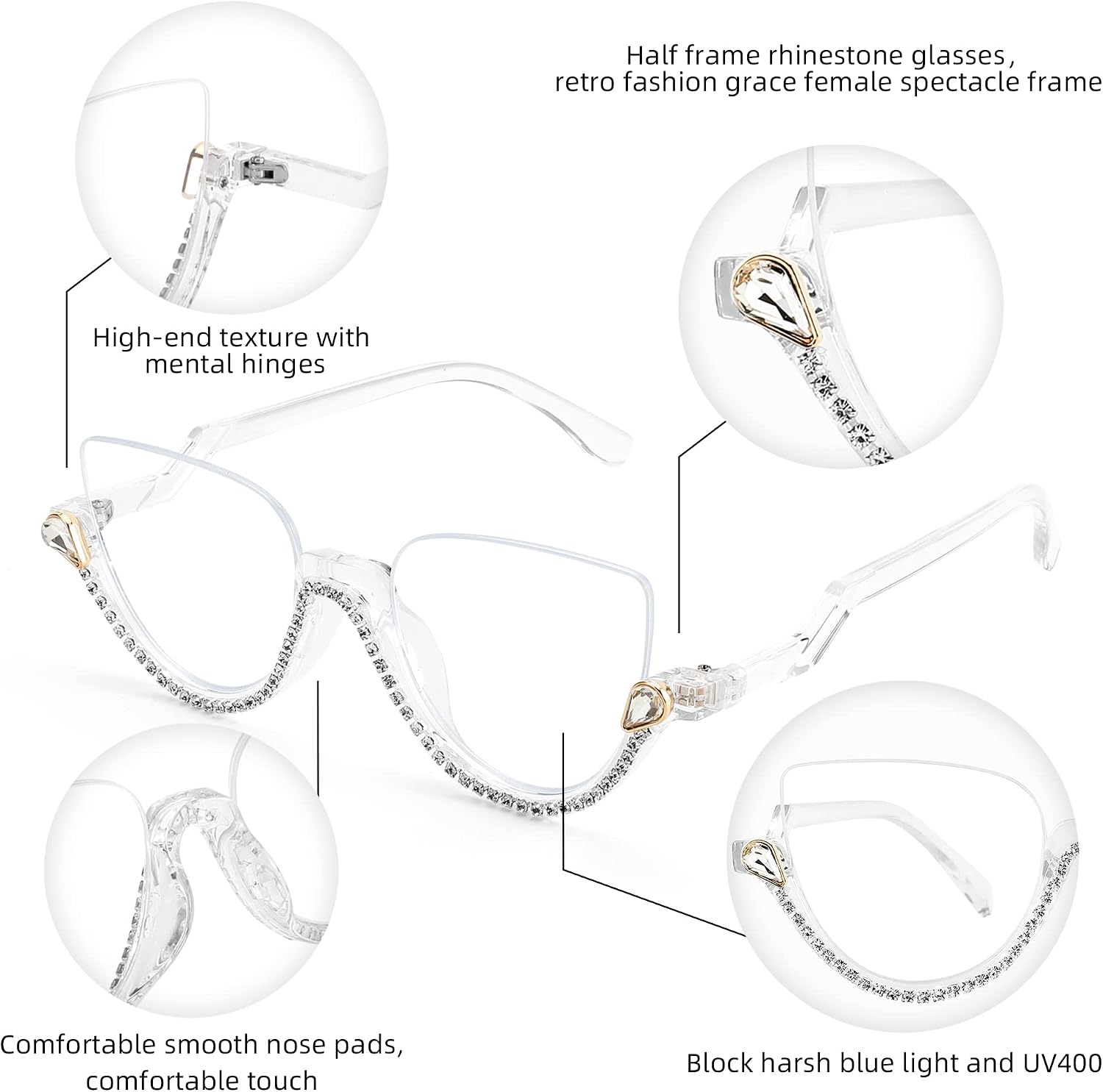 商品图片 10 | B0BK84HWH8 | FEISEDY Women Blue Light Blocking Glasses Fashion Half Frame Cat Eye Glasses Inlaid Diamond Anti Eyestrain B2995