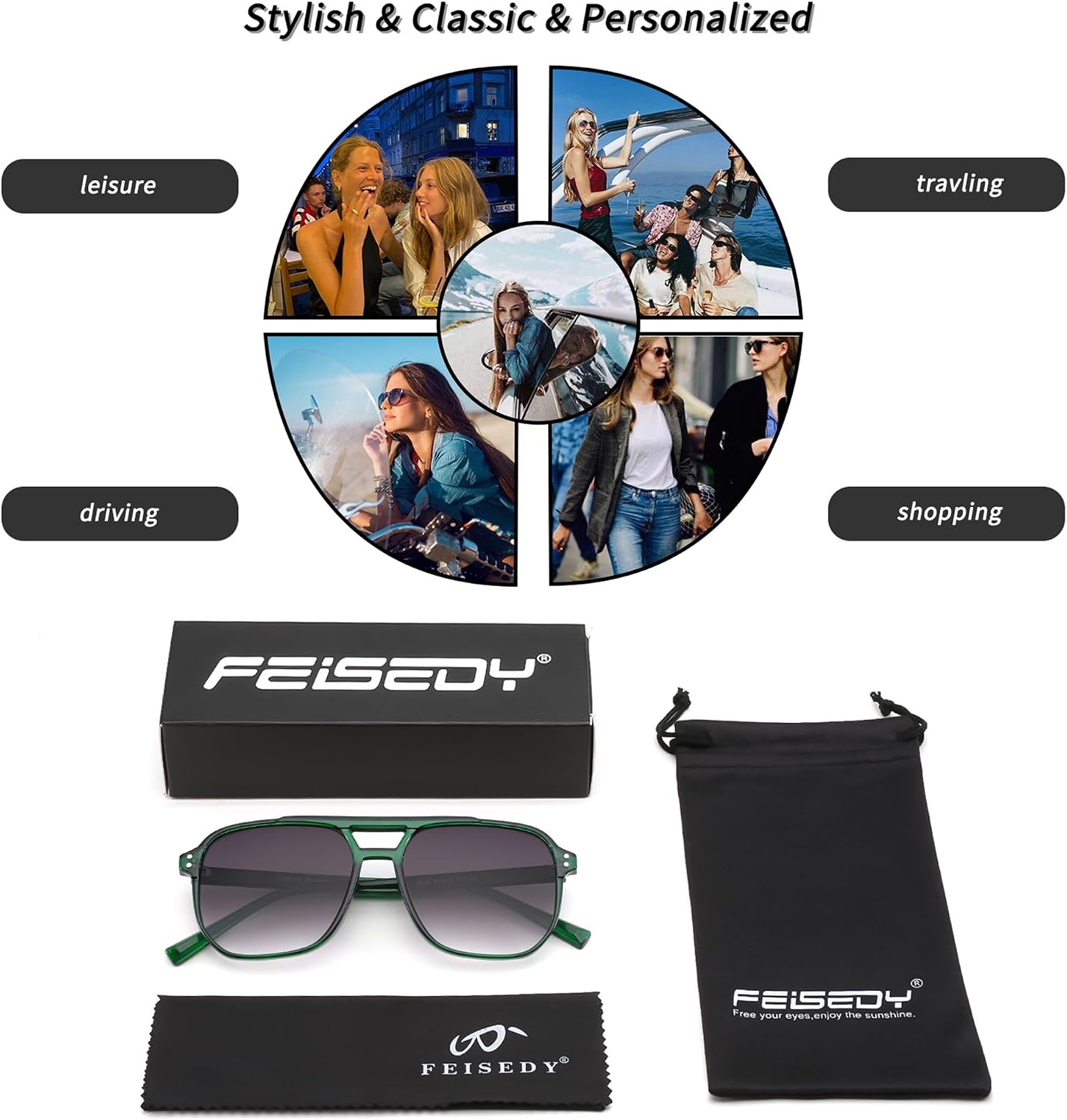 商品图片 101 | B09J8999GR | FEISEDY Retro Square Aviator Sunglasses Women Men 70s Vintage Trendy Plastic Frame Sun Glasses B2835