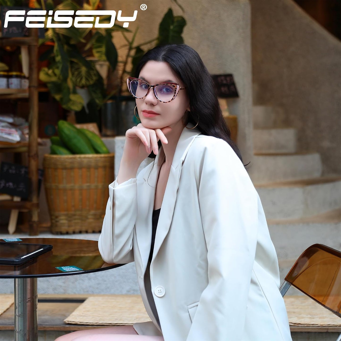 商品图片 23 | B0CGNLZQFZ | FEISEDY Women Cateye Blue Light Blocking Glasses Fake Nerd Clear Computer Eyewear TR Fashion Frame B0040