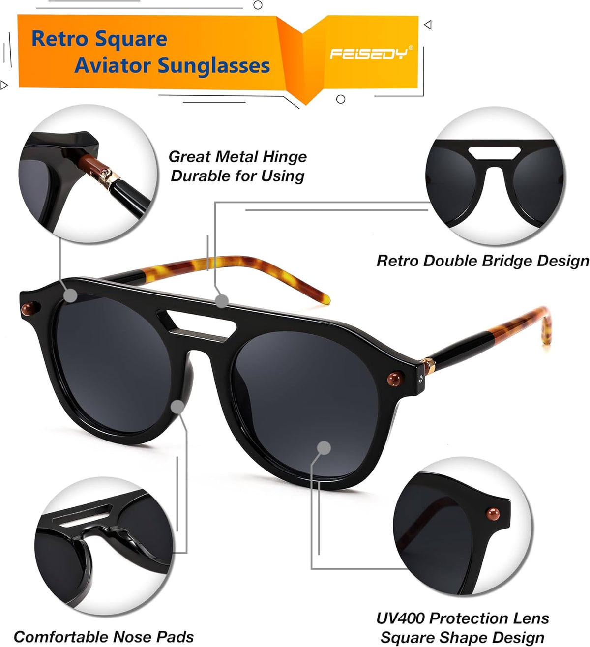 ÉÌƷͼƬ 6 | B0CHBBJ1H1 | FEISEDY Retro Square Aviator Sunglasses Womens Mens Trendy 70s Vintage Stylish Frame UV400 Sun Glasses B0051