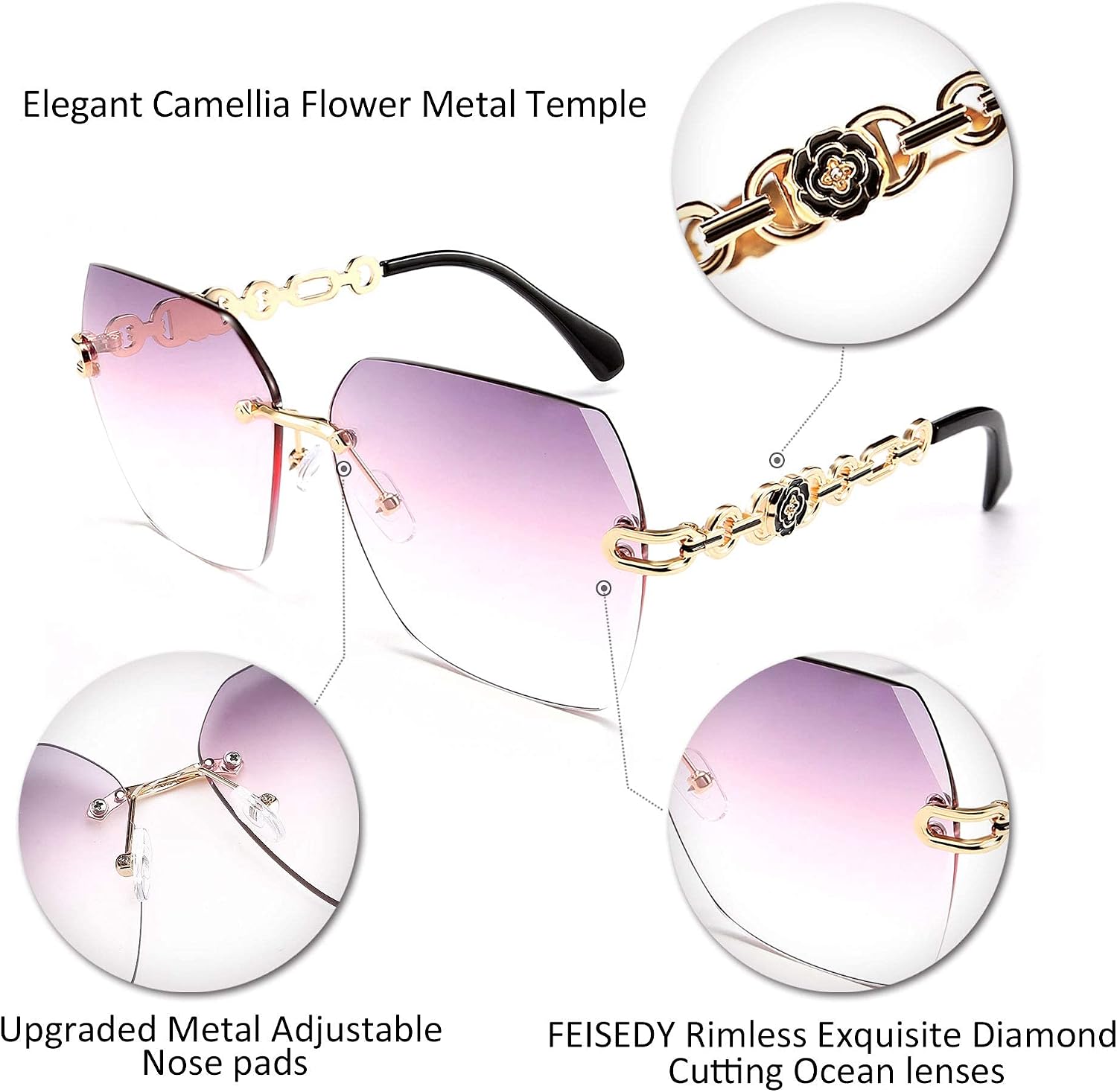 商品图片 29 | B083VRLS2Q | FEISEDY Classic Rimless Sunglasses Women Metal Frame Diamond Cutting Lens Sun Glasses B2567