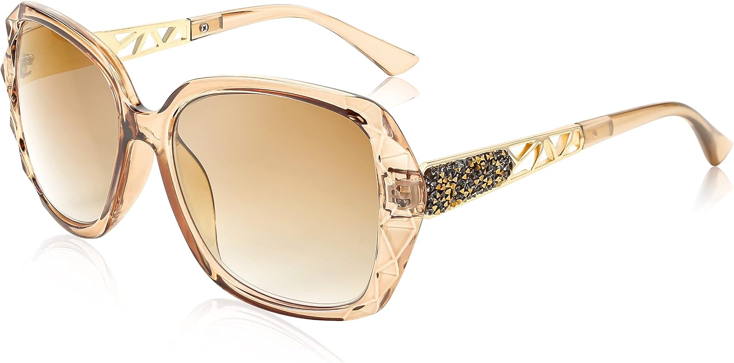 Champagne / 2.5 x | B09ZP8KJL4 | FEISEDY Women Square Reading Sunglasses Sparkling Composite Shiny Frame Sun Reader Glasses B2923
