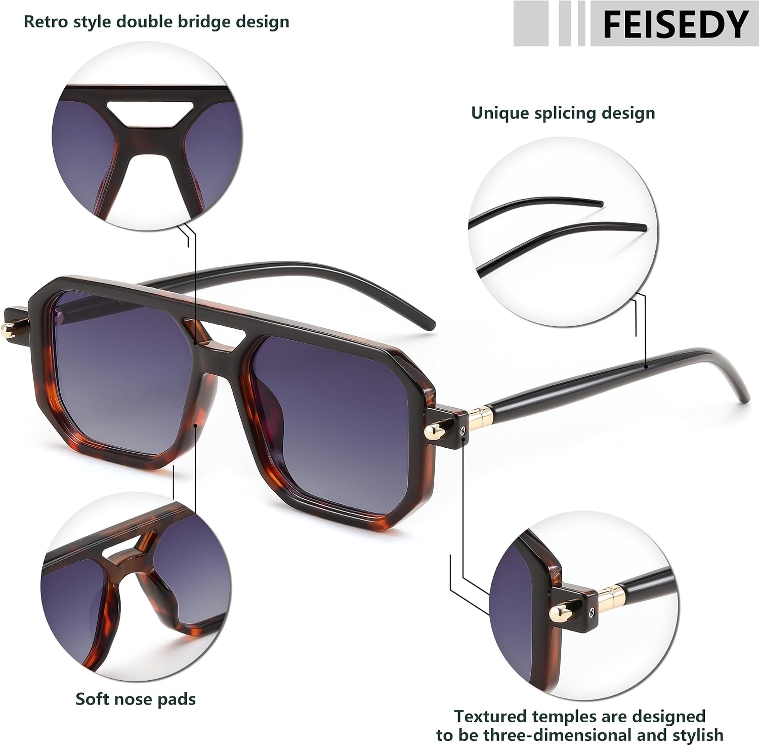 商品图片 148 | B09YTJ4FQZ | FEISEDY Vintage Square 70s Flat Aviator Sunglasses Women Men Classic Retro Stylish Frame UV400 Sunglasses B2622
