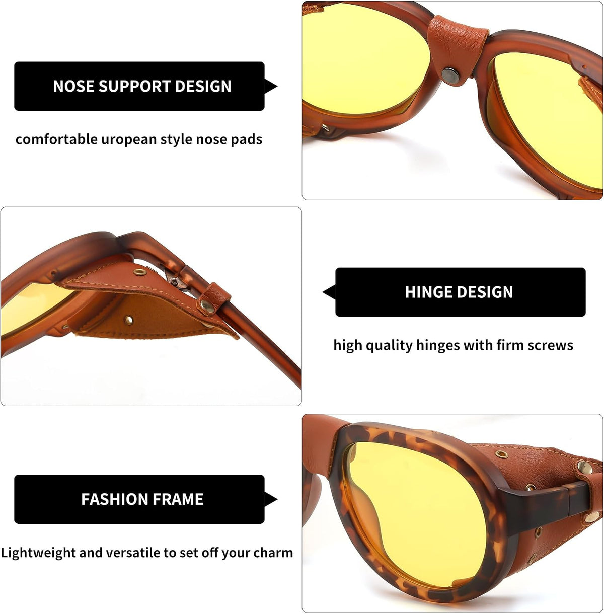 ÉÌƷͼƬ 5 | B0D5HMBR1X | FEISEDY Steampunk Sunglasses Women Men£¬Polarized Yellow Lens, Retro Round Vintage Frame Leatherwear B0159