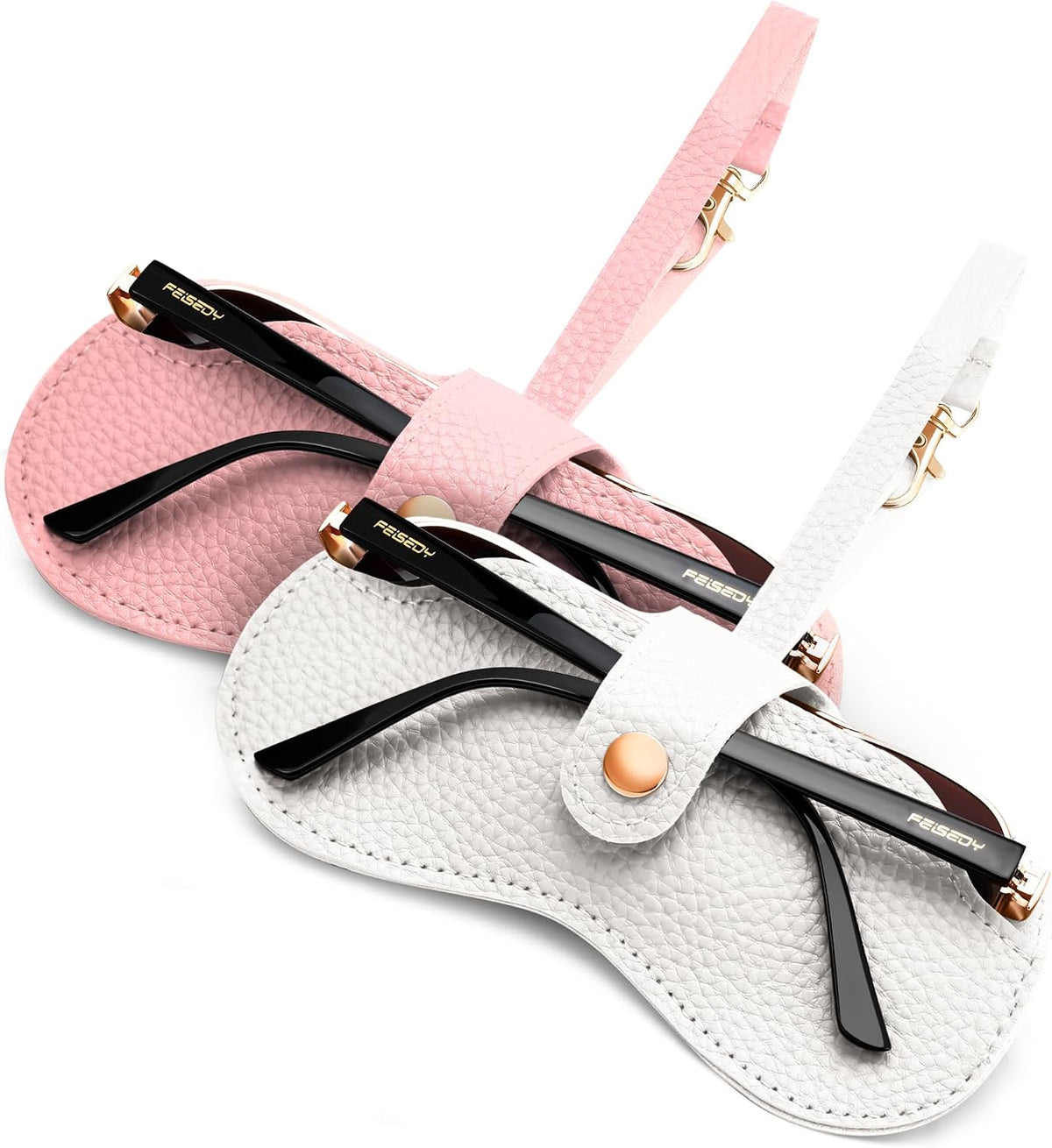 Pink+White | B0FMXYWB69 | FEISEDY Sunglass Case, 2Pcs Soft Leather Eyeglass Cases for Women | Slim Portable Glasses Holder, with Button-Closure Wrist Strap for Travel & Outdoor B0308