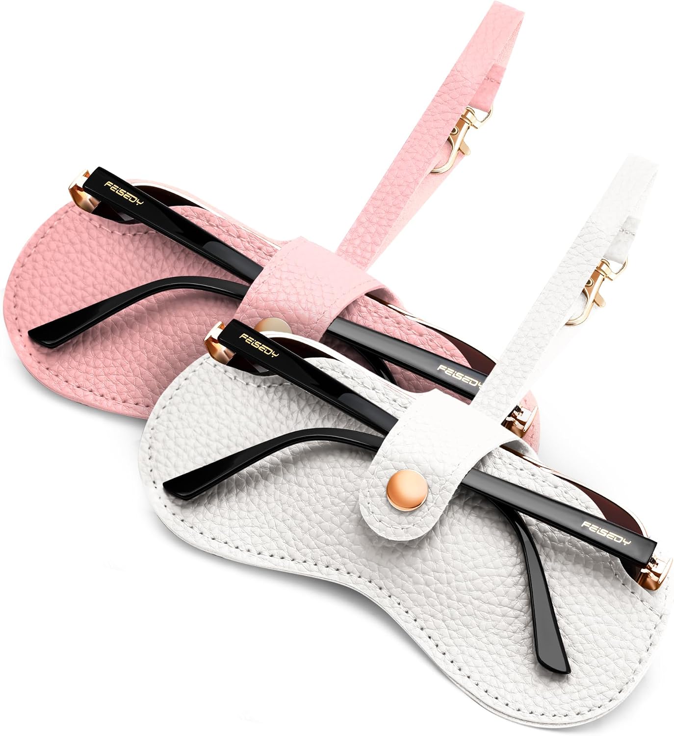 Pink+White | B0FMXYWB69 | FEISEDY Sunglass Case, 2Pcs Soft Leather Eyeglass Cases for Women | Slim Portable Glasses Holder, with Button-Closure Wrist Strap for Travel & Outdoor B0308