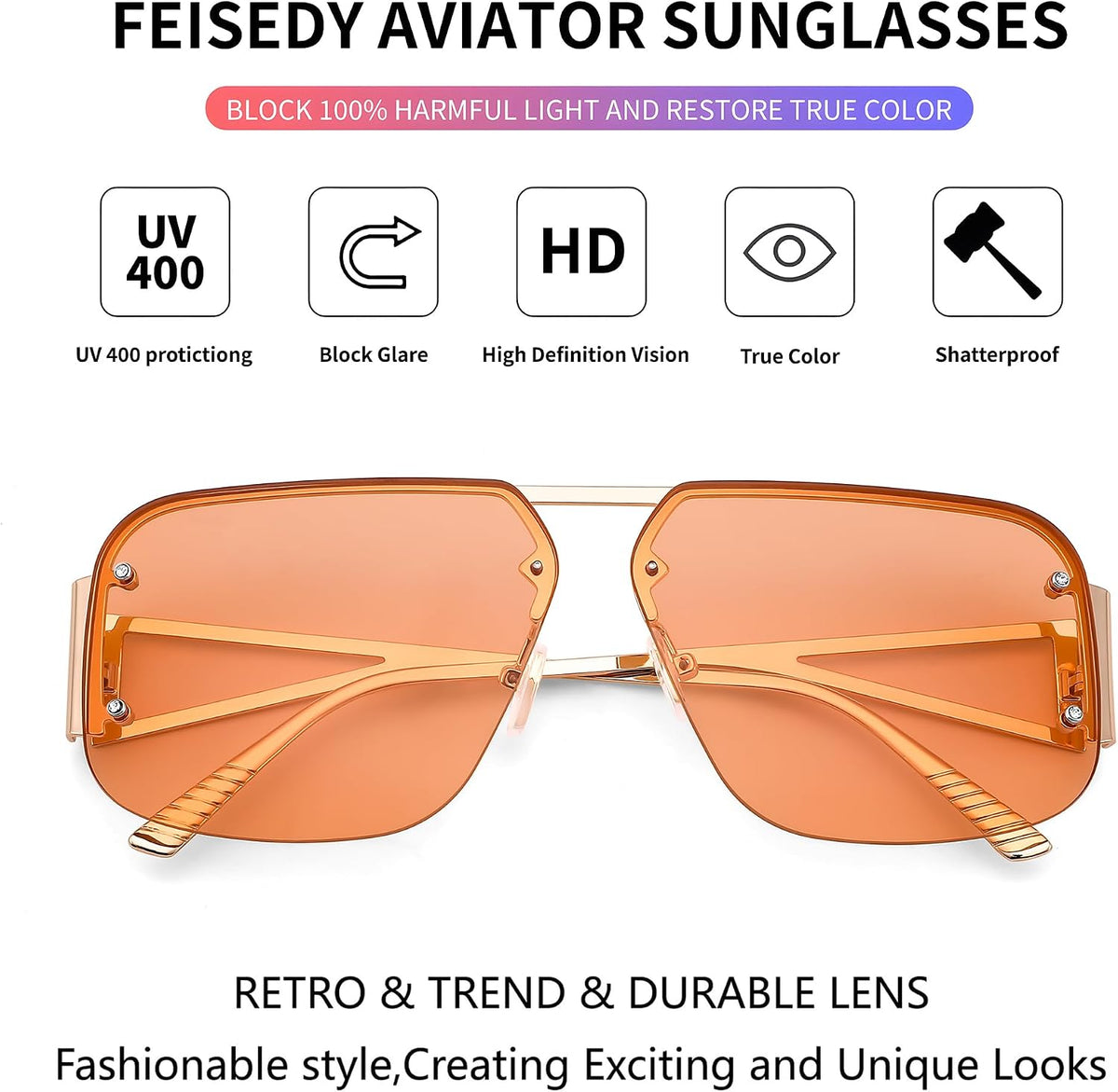 ÉÌƷͼƬ 25 | B0CP2666ZB | FEISEDY Trendy Aviator Sunglasses for Women Men Retro Metal Rimless Frame Square Shades B2985