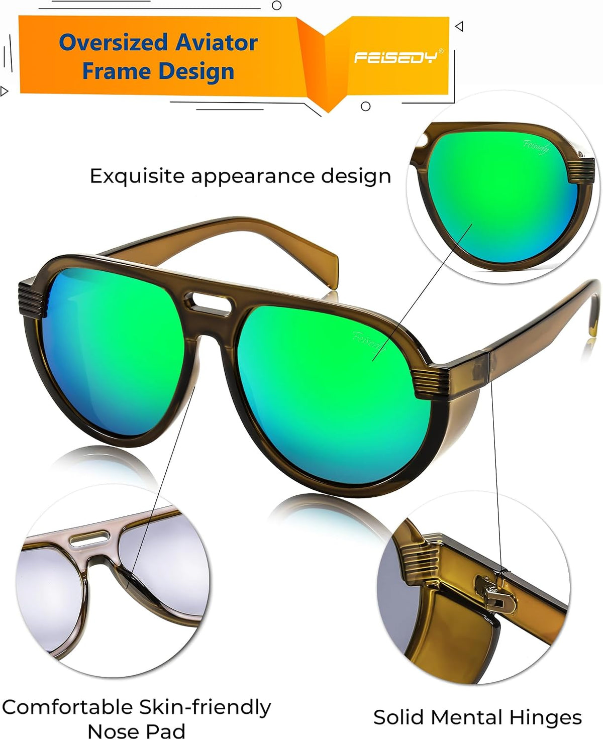 ÉÌƷͼƬ 5 | B0CT8R8S1H | FEISEDY Steampunk with Side Shields Aviator Sunglasses for Men Women 80s Retro Flat Top Oversized Polarized Shades B0096