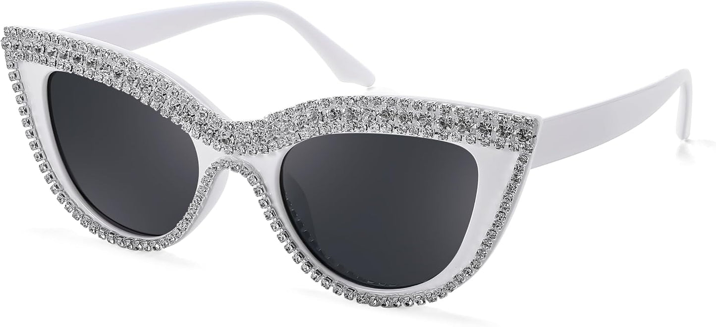 White Stripe Diamond / 51 Millimeters | B0CHFBXHN5 | FEISEDY Oversized Women Cat Eye Rhinestone Sunglasses Costume Party B2360