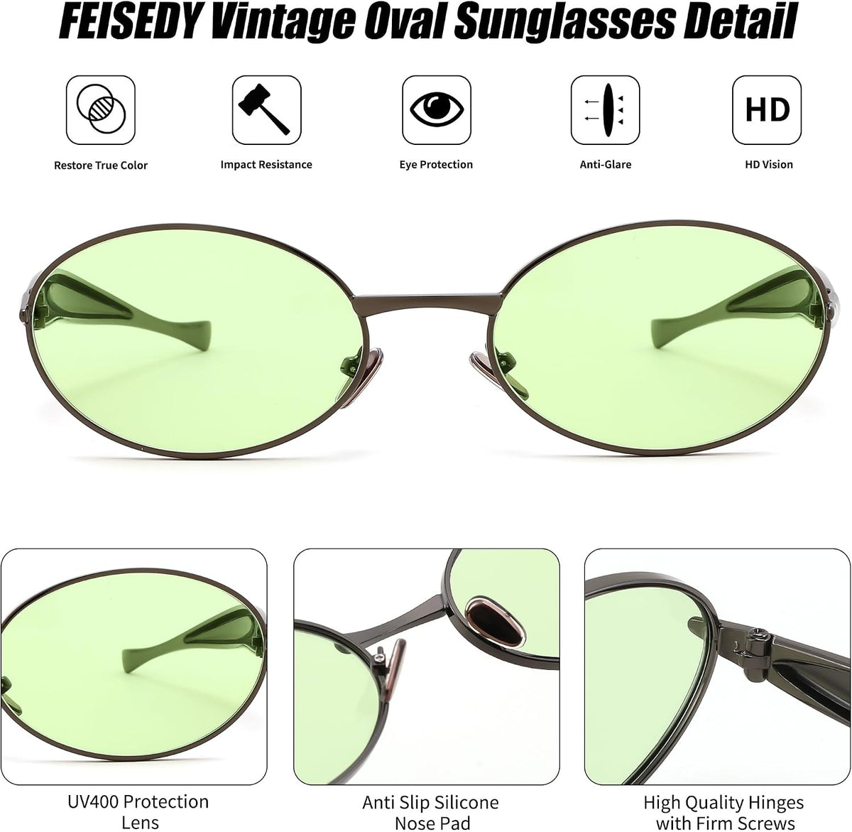 ÉÌƷͼƬ 47 | B0FH4FH8VH | FEISEDY Retro Oval Sunglasses Women Men - Gold Metal Chunky Frame, UV400 for Driving & Daily Wear B0312
