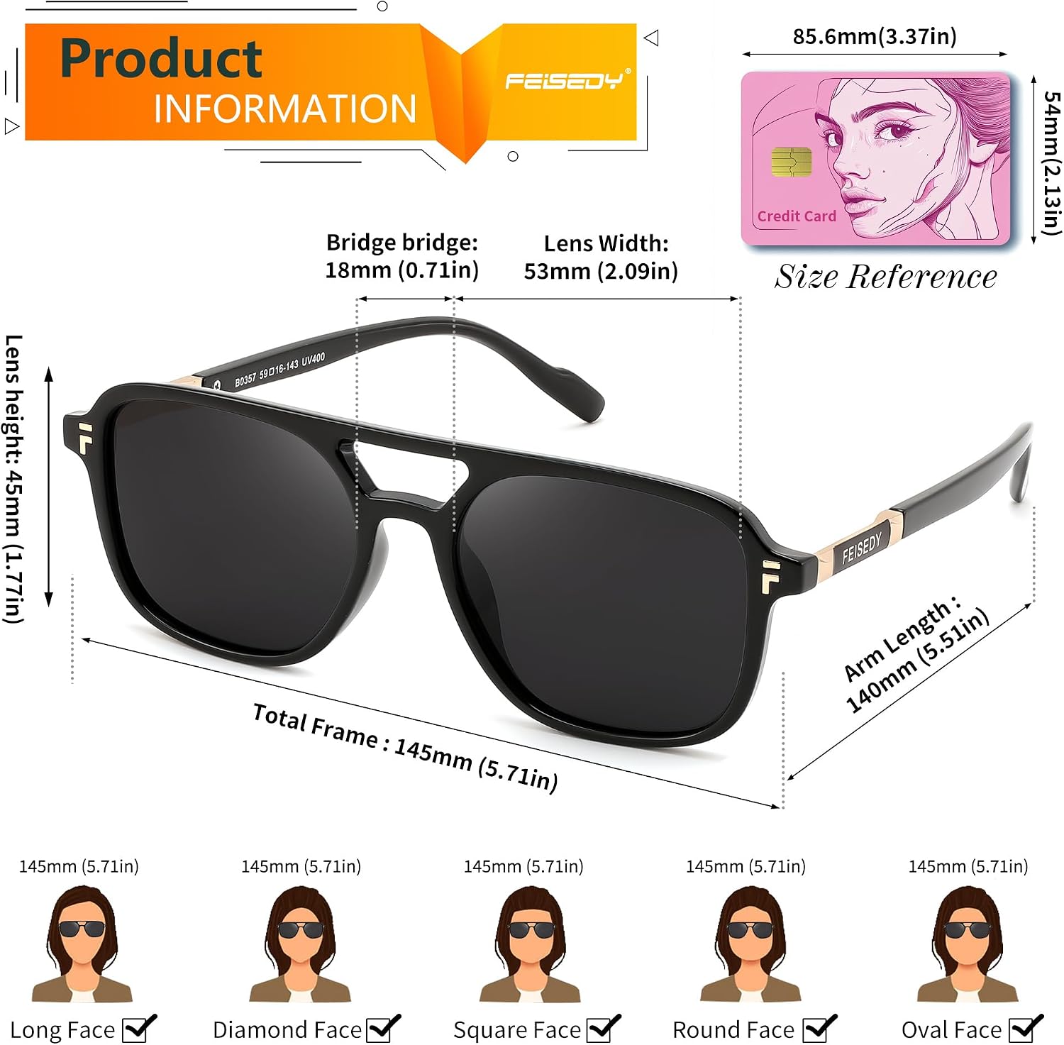 商品图片 13 | B0H2V9BFS5 | FEISEDY Retro Polarized Aviator Square Sunglasses for Women Men UV400 B0357