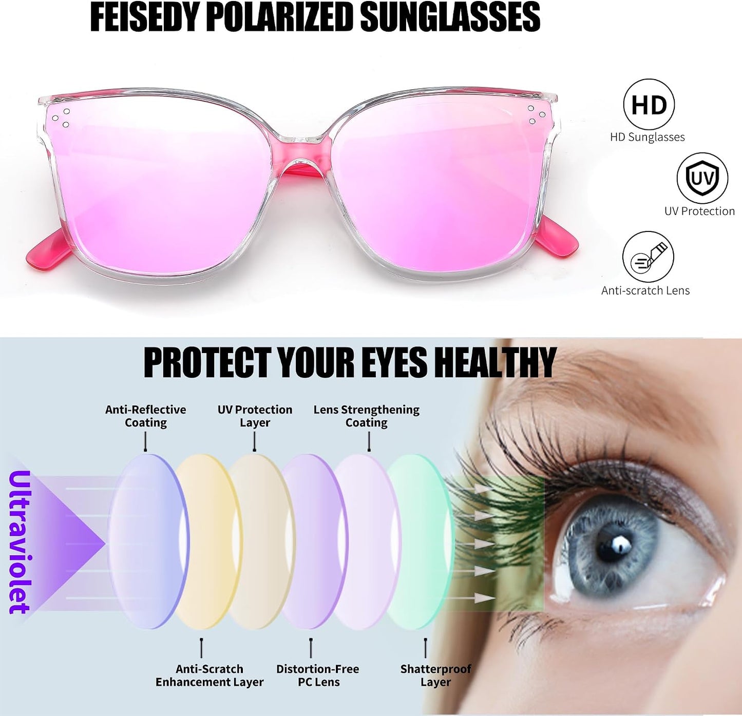 商品图片 95 | B0871BKMTN | FEISEDY Oversized Polarized Sunglasses - UV400 Protection, Square Fashion Sun Glasses for Outdoor & Daily B2600