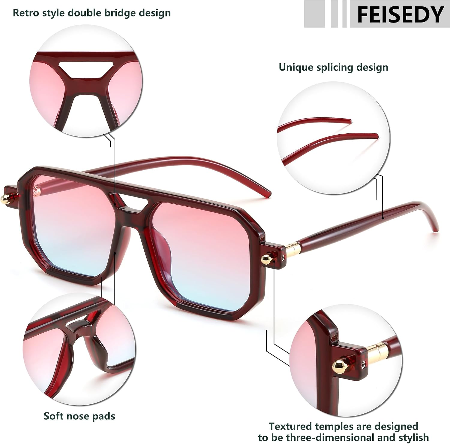 商品图片 142 | B09YTJ4FQZ | FEISEDY Vintage Square 70s Flat Aviator Sunglasses Women Men Classic Retro Stylish Frame UV400 Sunglasses B2622