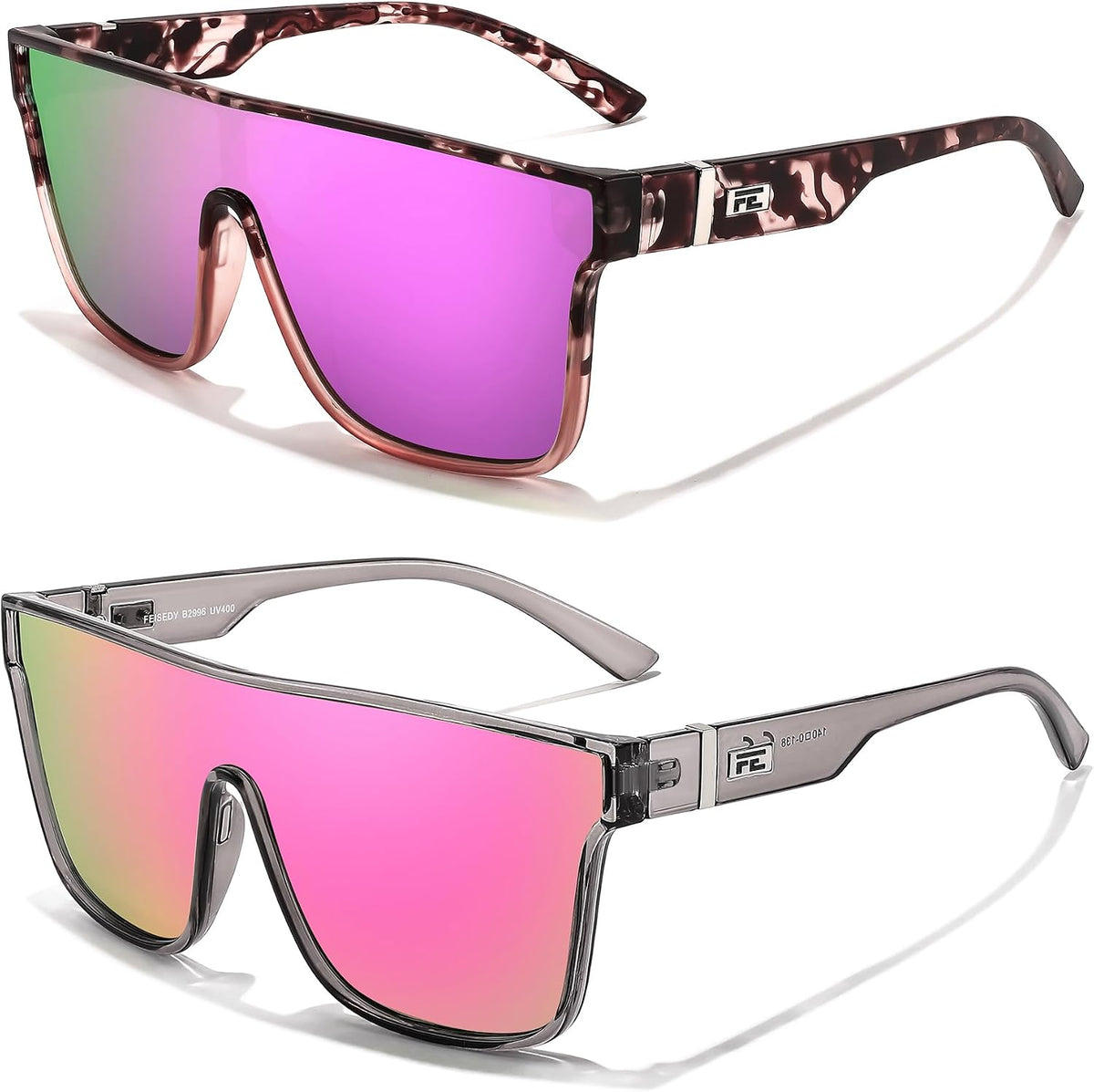 Z2pack(transparent Pink Leopard Frame & Purple Mirrored Lens+transparent Grey Frame & Pink Mirrored Lens) / 62 Millimeters | B0F8BHNW8G | FEISEDY Sunglasses for Women Men, Fashion Mirrored Single Lens Shades