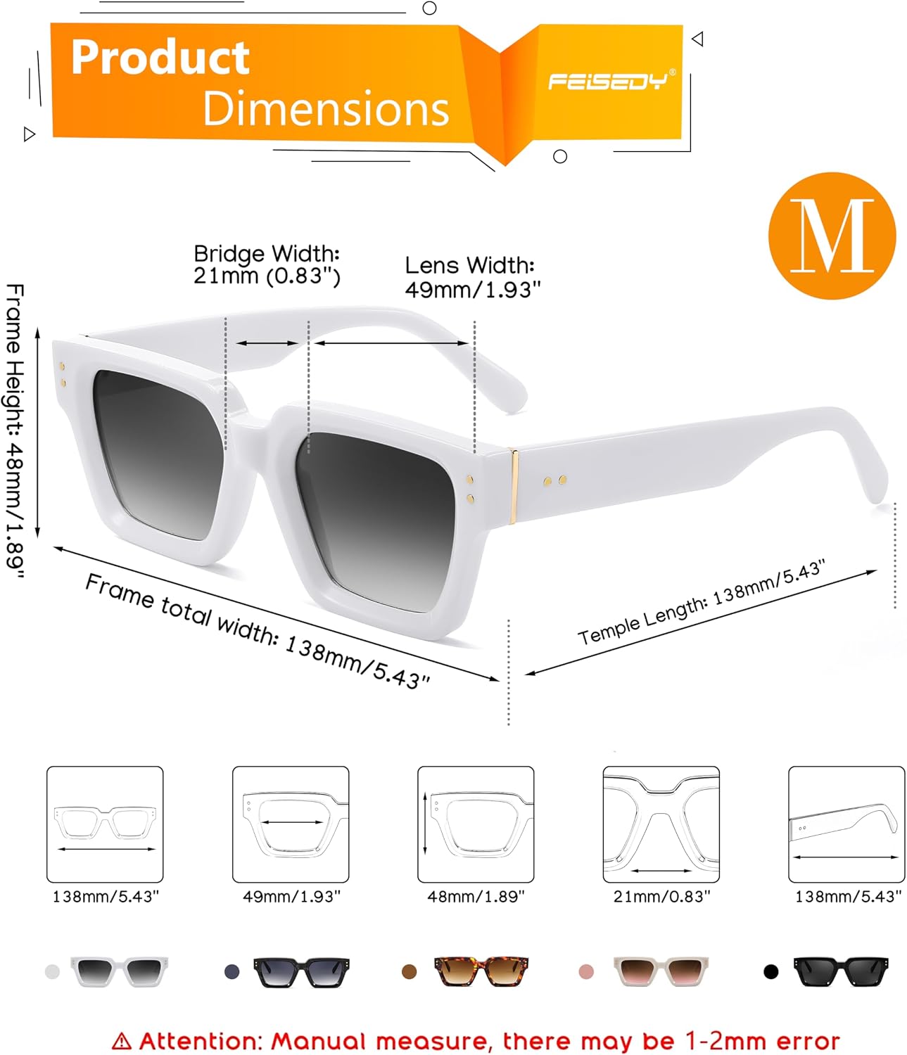 商品图片 12 | B0CHMMTXNK | FEISEDY Retro Rectangle Sunglasses Trendy Chunky Square Sun Glasses for Women Men UV400 Protection B0073