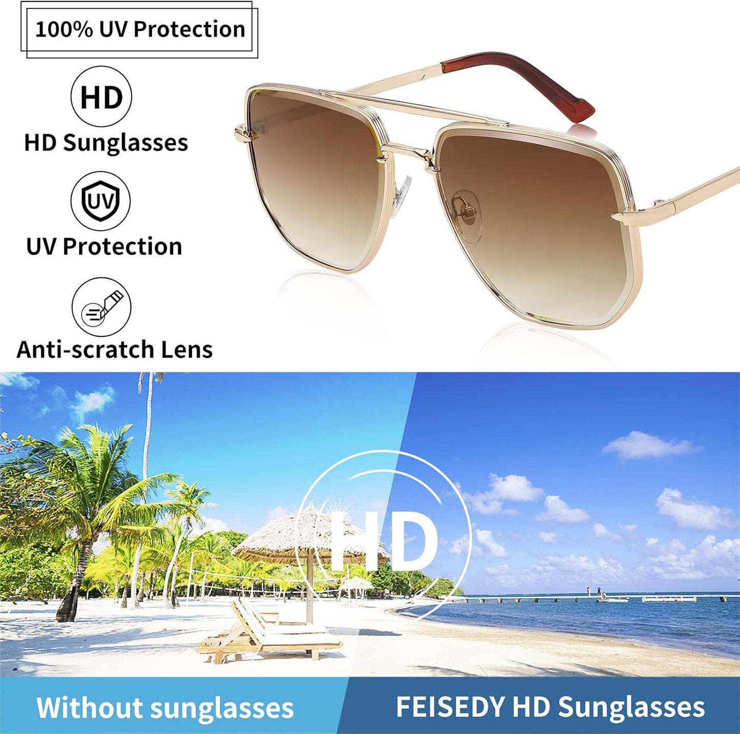 商品图片 5 | B0B38ZHMJL | FEISEDY Sunglasses Aviator Men Women 70s Sun Glasses Square Frame UV400 Protection B2953