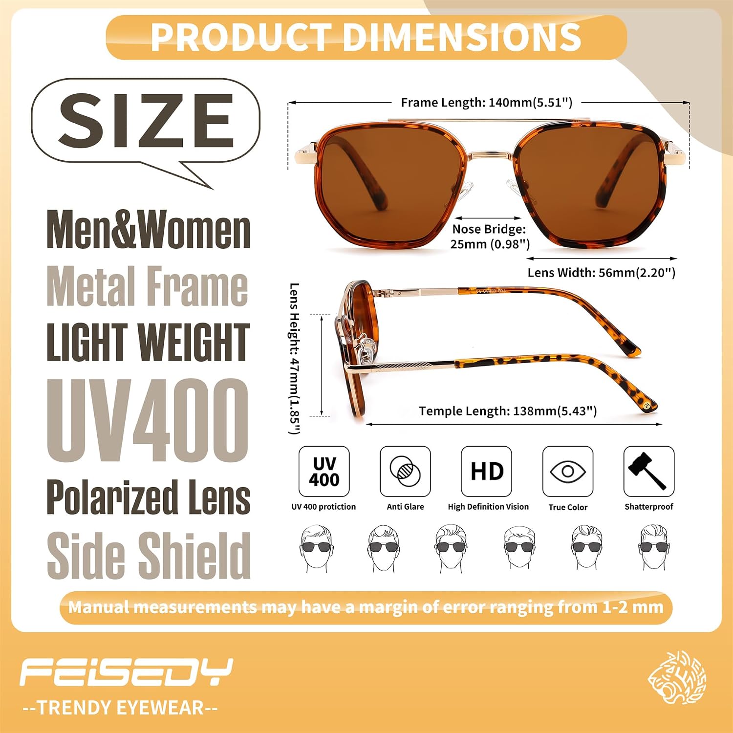 商品图片 35 | B0FQ4Y7FV6 | FEISEDY Polarized Aviator Sunglasses for Women Men Square TAC Lens B0329 | UV400 protection, Lightweight, Military-grade durability, Spring temples, Climate Pledge Friendly, Driving, Beach