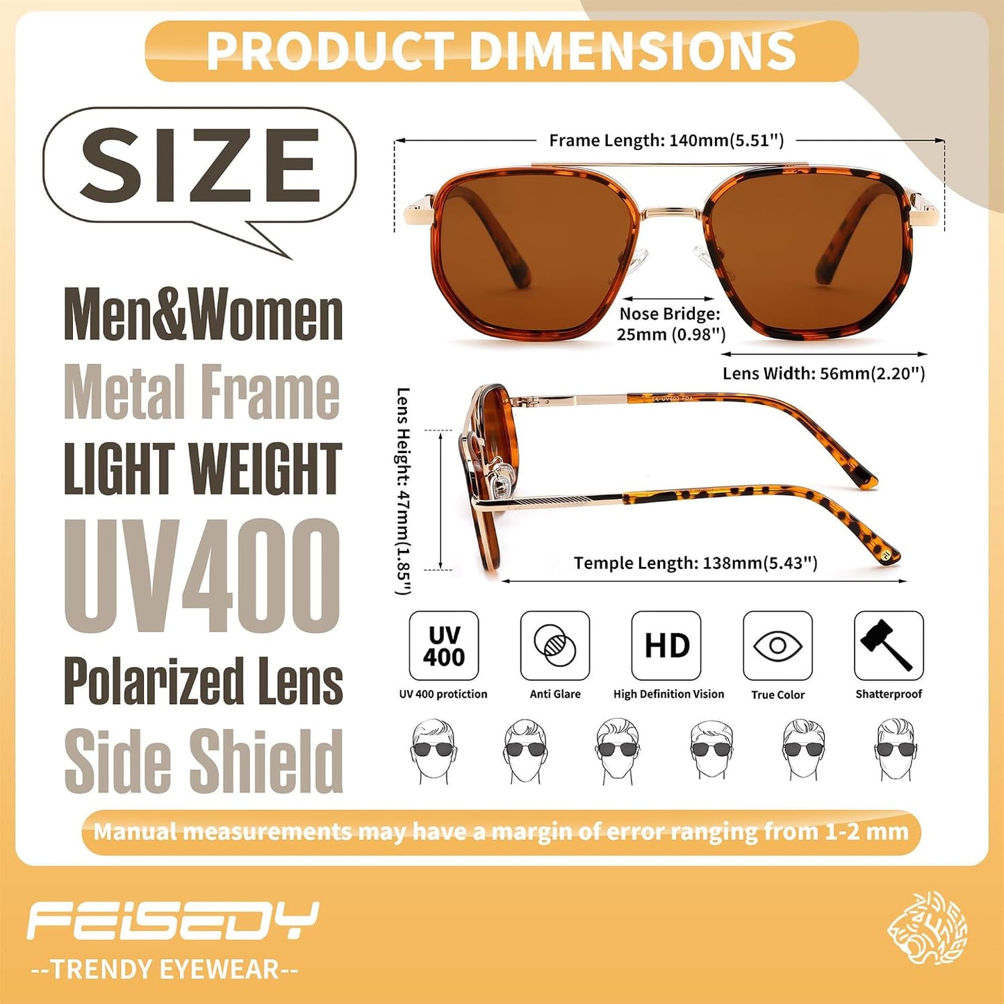商品图片 35 | B0FQ4Y7FV6 | FEISEDY Polarized Aviator Sunglasses for Women Men Square TAC Lens B0329 | UV400 protection, Lightweight, Military-grade durability, Spring temples, Climate Pledge Friendly, Driving, Beach