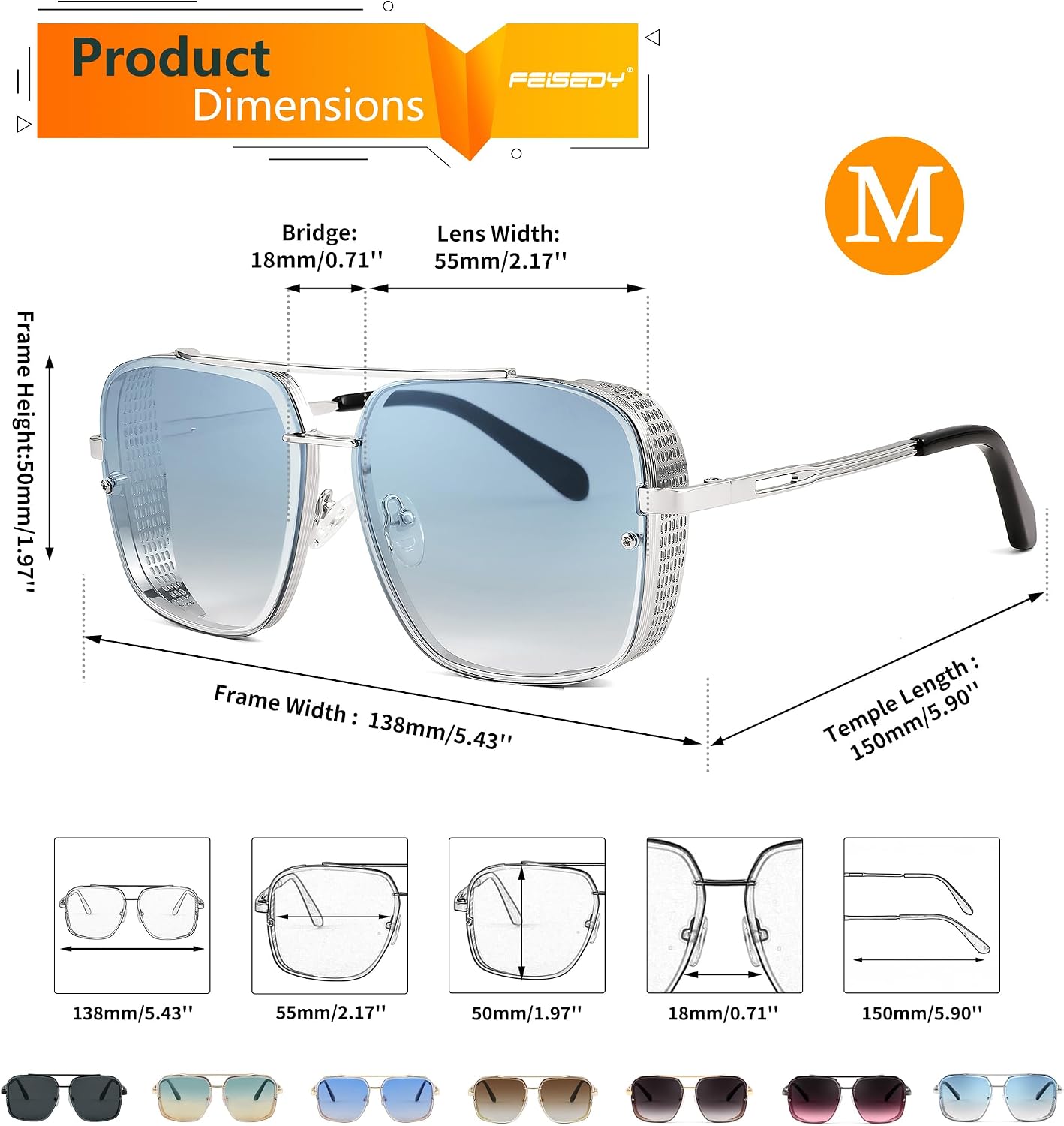 商品图片 24 | B09SDC5BD5 | FEISEDY Sunglasses Mens Women Vintage Pilot Square Trendy Metal Steampunk Fishing Driving Sun Glasses B2894