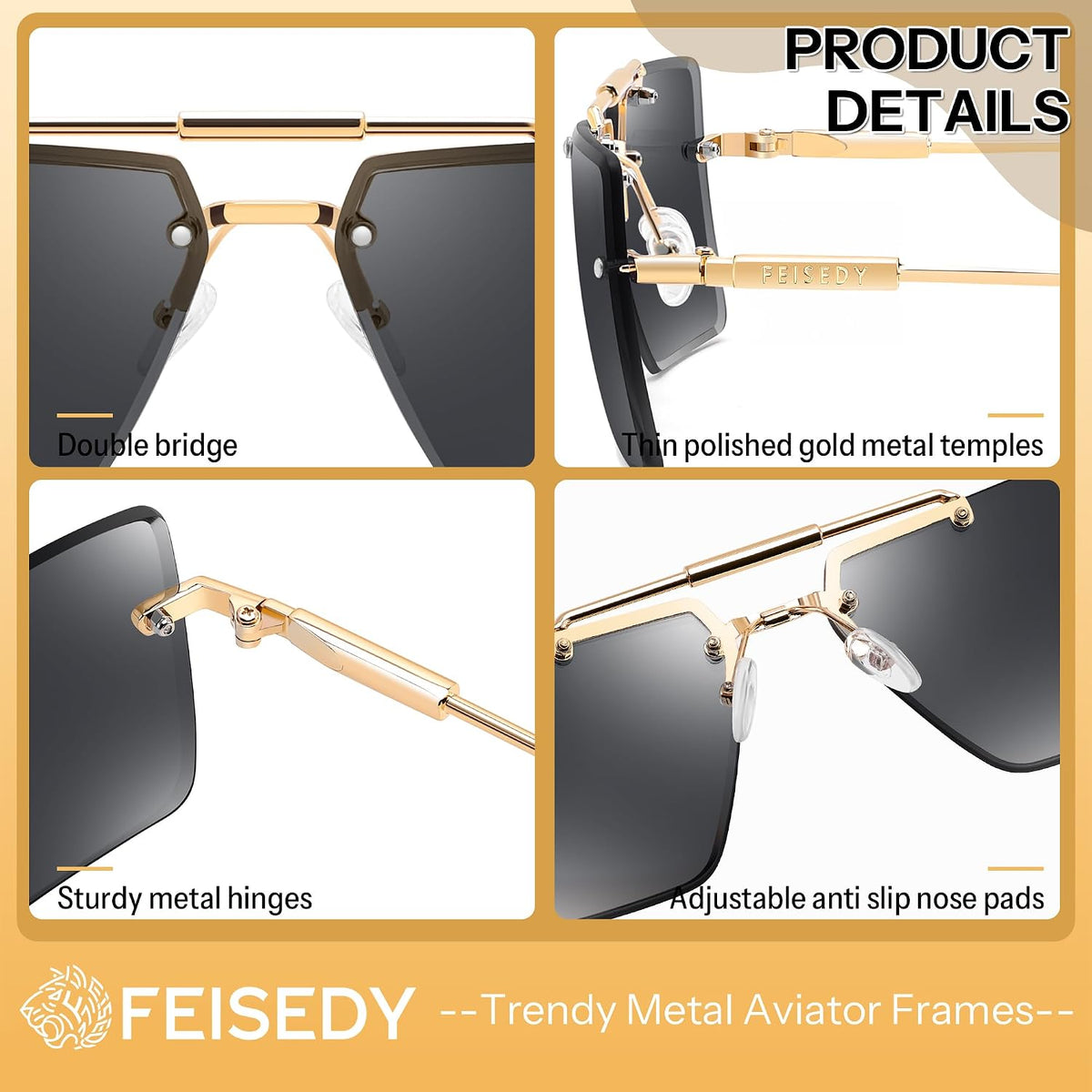 商品图片 4 | B0HFJXV98G | FEISEDY Rimless Aviator Sunglasses for Women Men Luxury UV400 Shades
