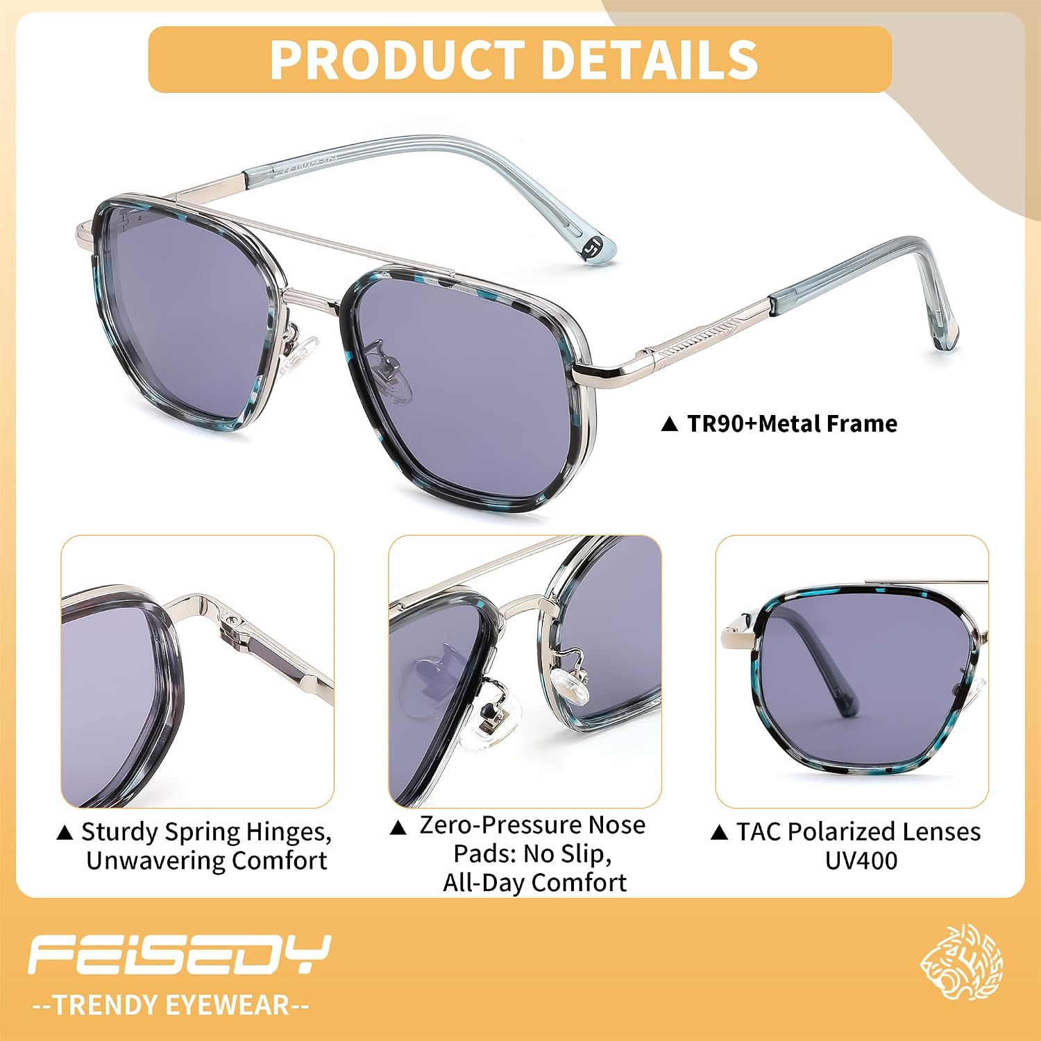 商品图片 17 | B0FQ4Y7FV6 | FEISEDY Polarized Aviator Sunglasses for Women Men Square TAC Lens B0329 | UV400 protection, Lightweight, Military-grade durability, Spring temples, Climate Pledge Friendly, Driving, Beach