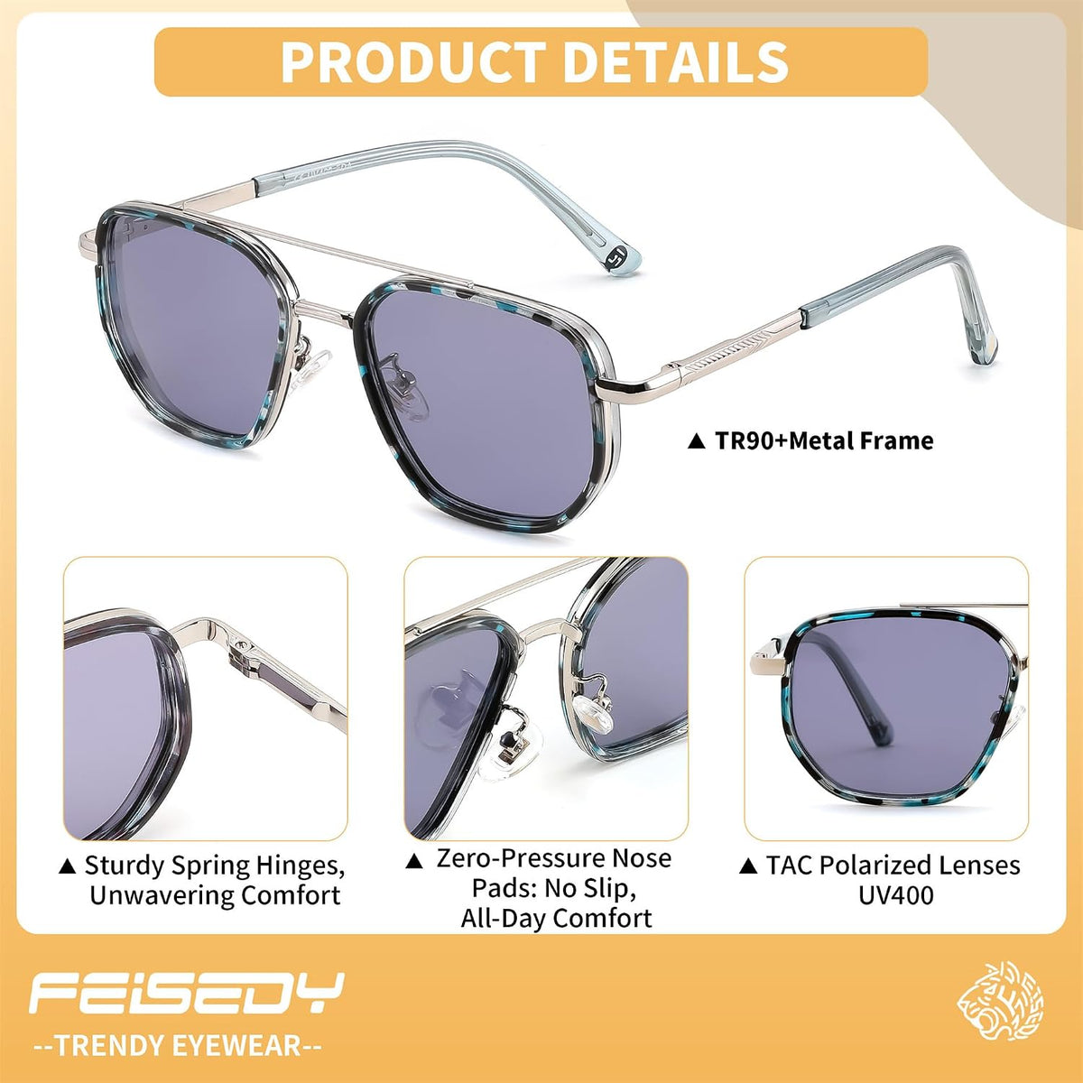 商品图片 17 | B0FQ4Y7FV6 | FEISEDY Polarized Aviator Sunglasses for Women Men Square TAC Lens B0329 | UV400 protection, Lightweight, Military-grade durability, Spring temples, Climate Pledge Friendly, Driving, Beach